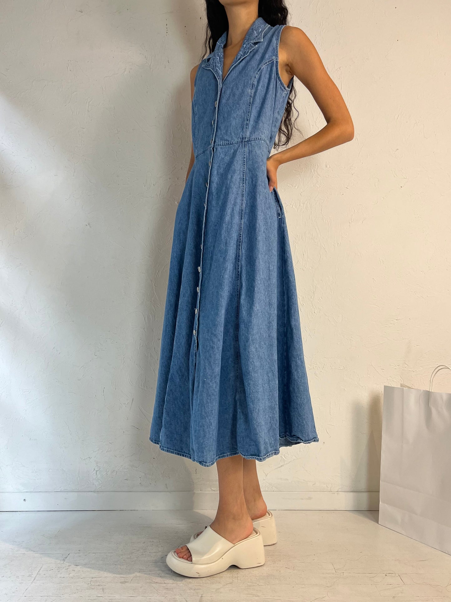 90s 'Cartise' Button Up Denim Maxi Dress / Medium