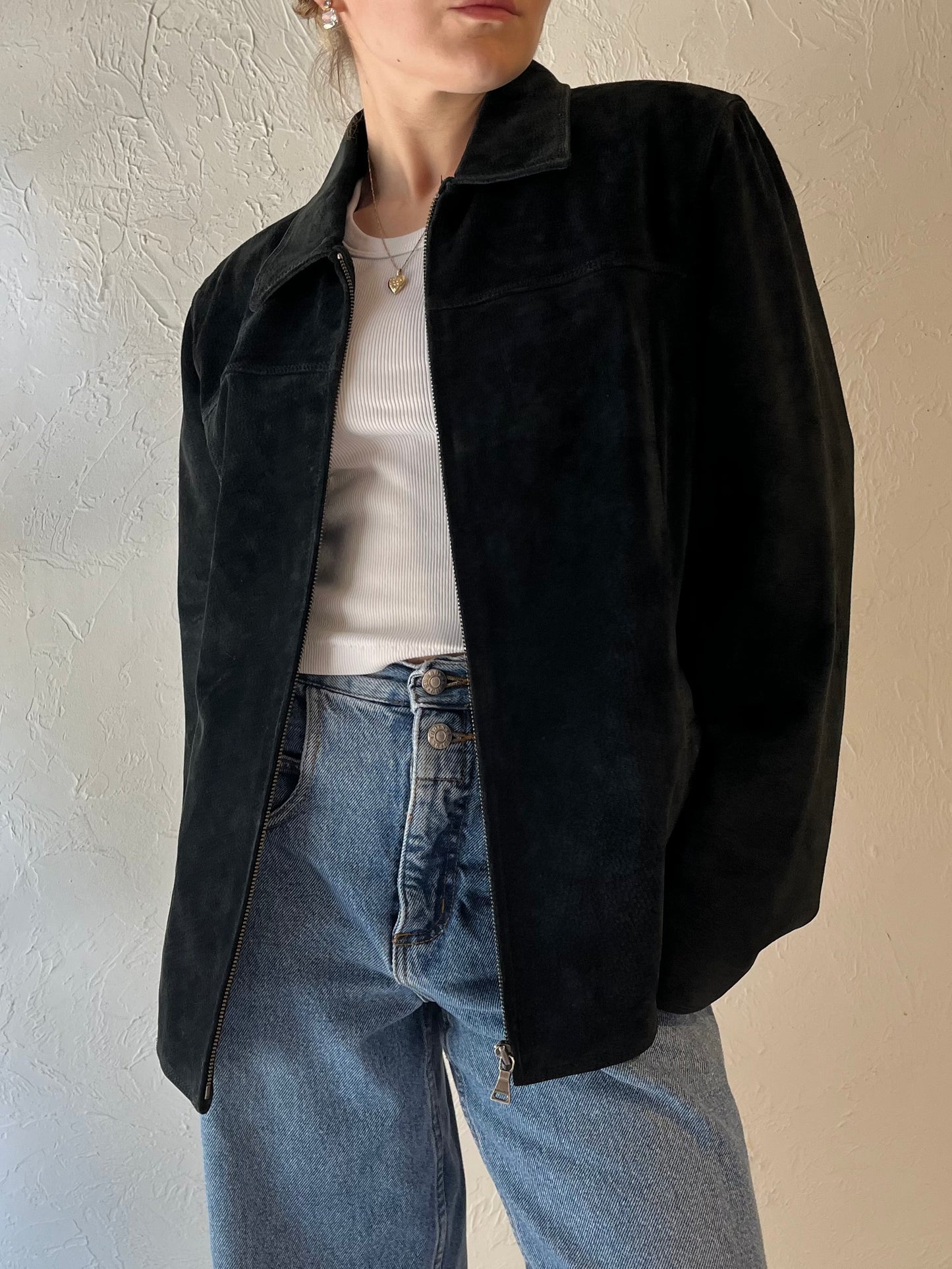 Y2k Black Suede Leather Jacket / Medium