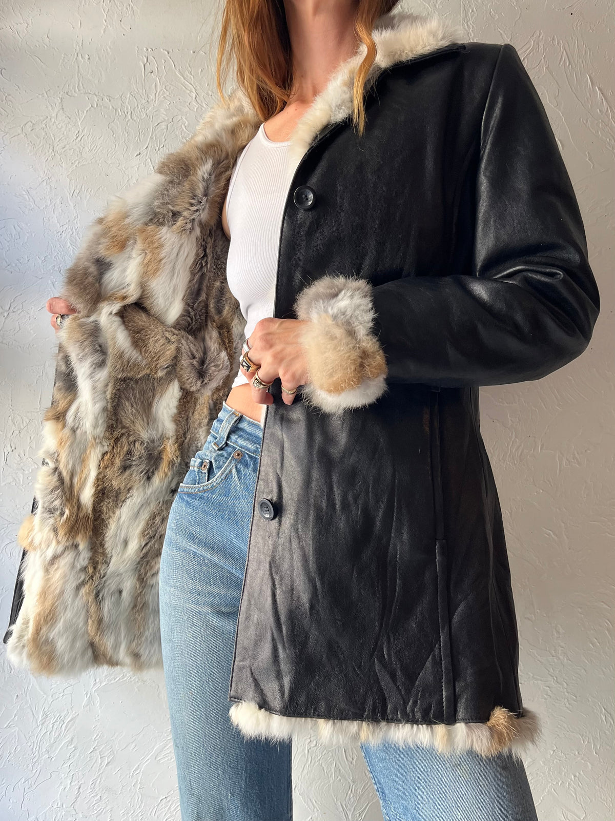 90s 'Kasper' Black Leather Fur Lined Boho Streetwear Winter Jacket / Small