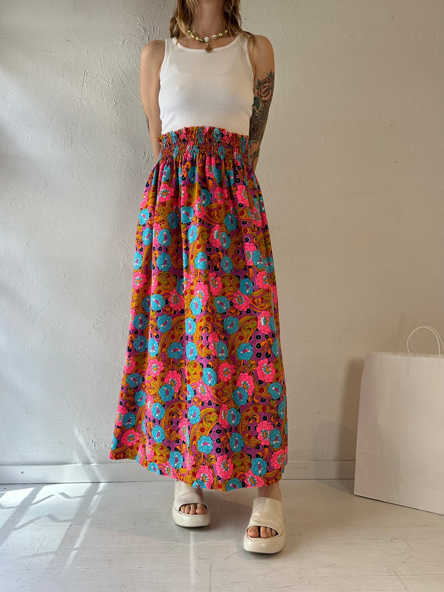 70s 'Beverly Vogue' Retro Floral Cotton Maxi Skirt / Medium