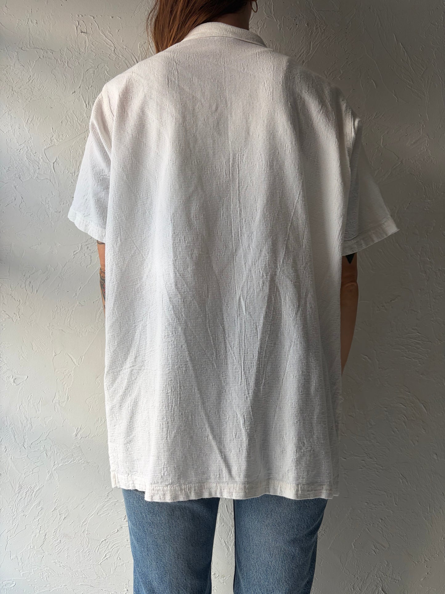 90s 'Ezze Wear' White Snap Up Cotton Shirt / Medium