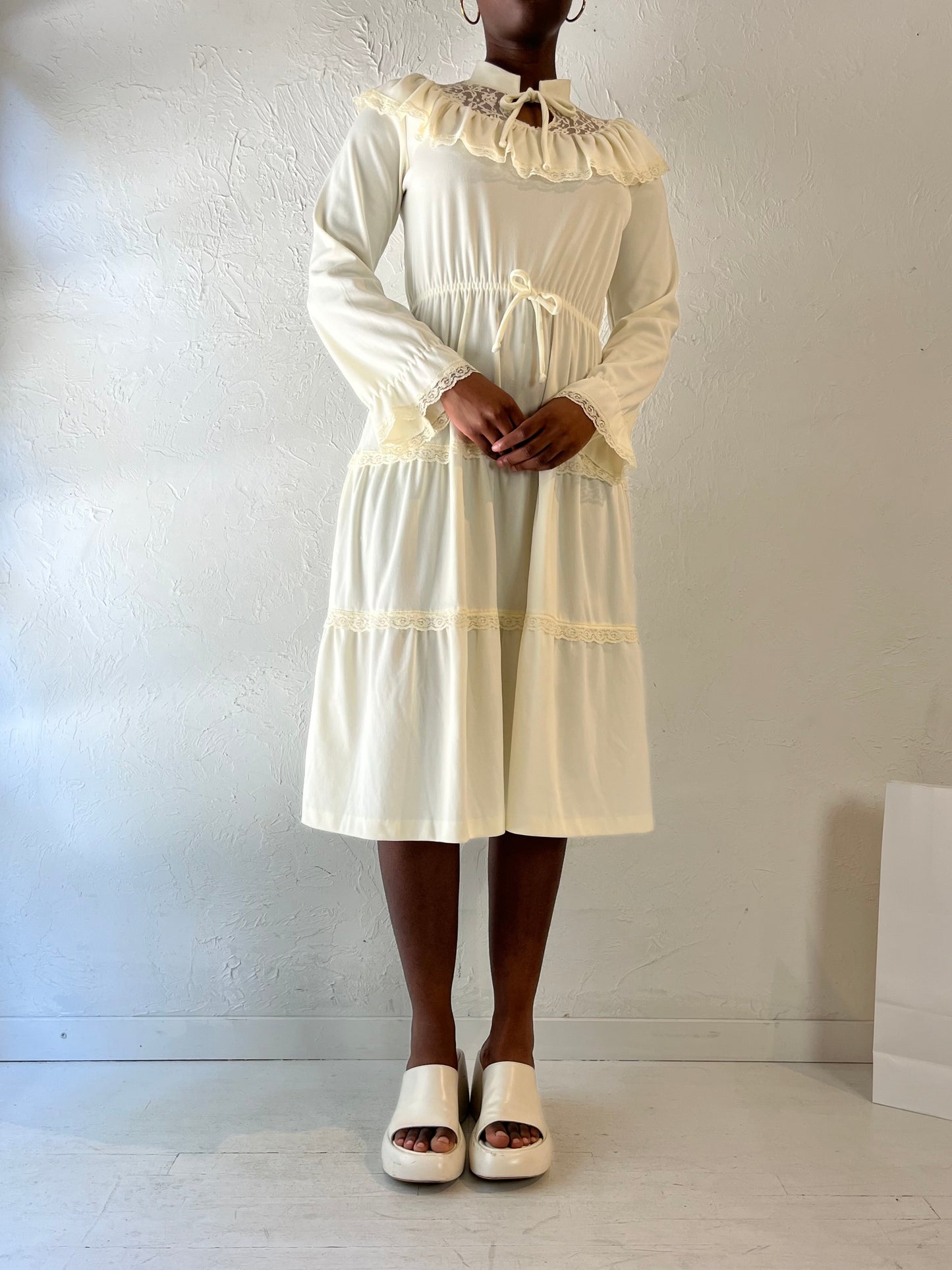 70s 'Montgomery Ward' Off White Peasant Dress / Small - Medium