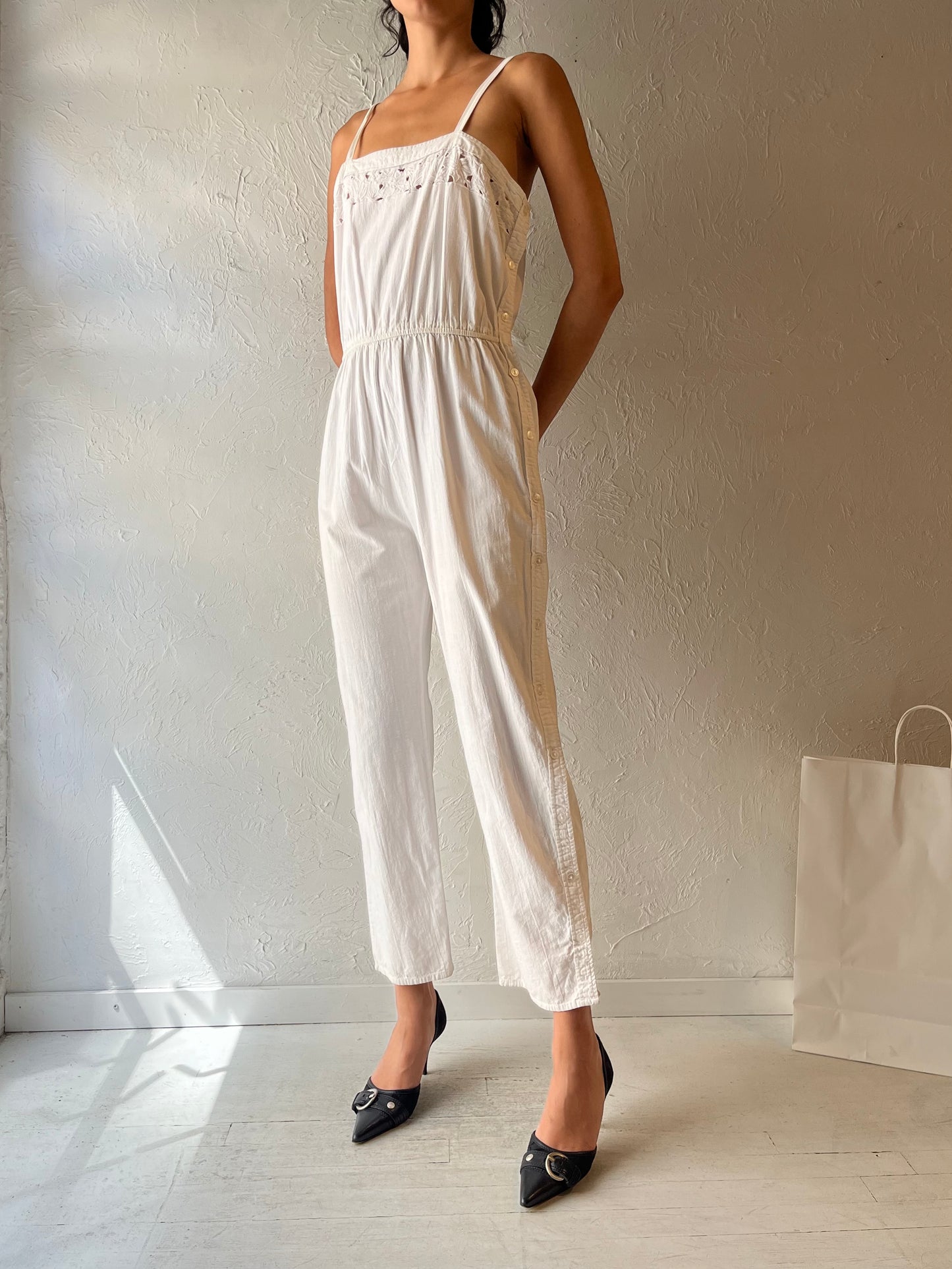 70s 'Marianne' White Cotton Jumpsuit / Small