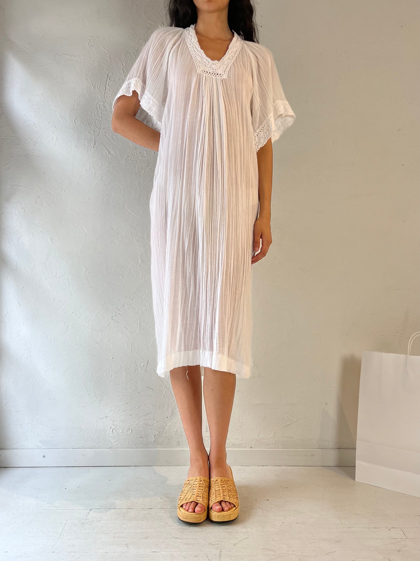 Vintage White Crochet Cotton Gauze Midi Dress / Small