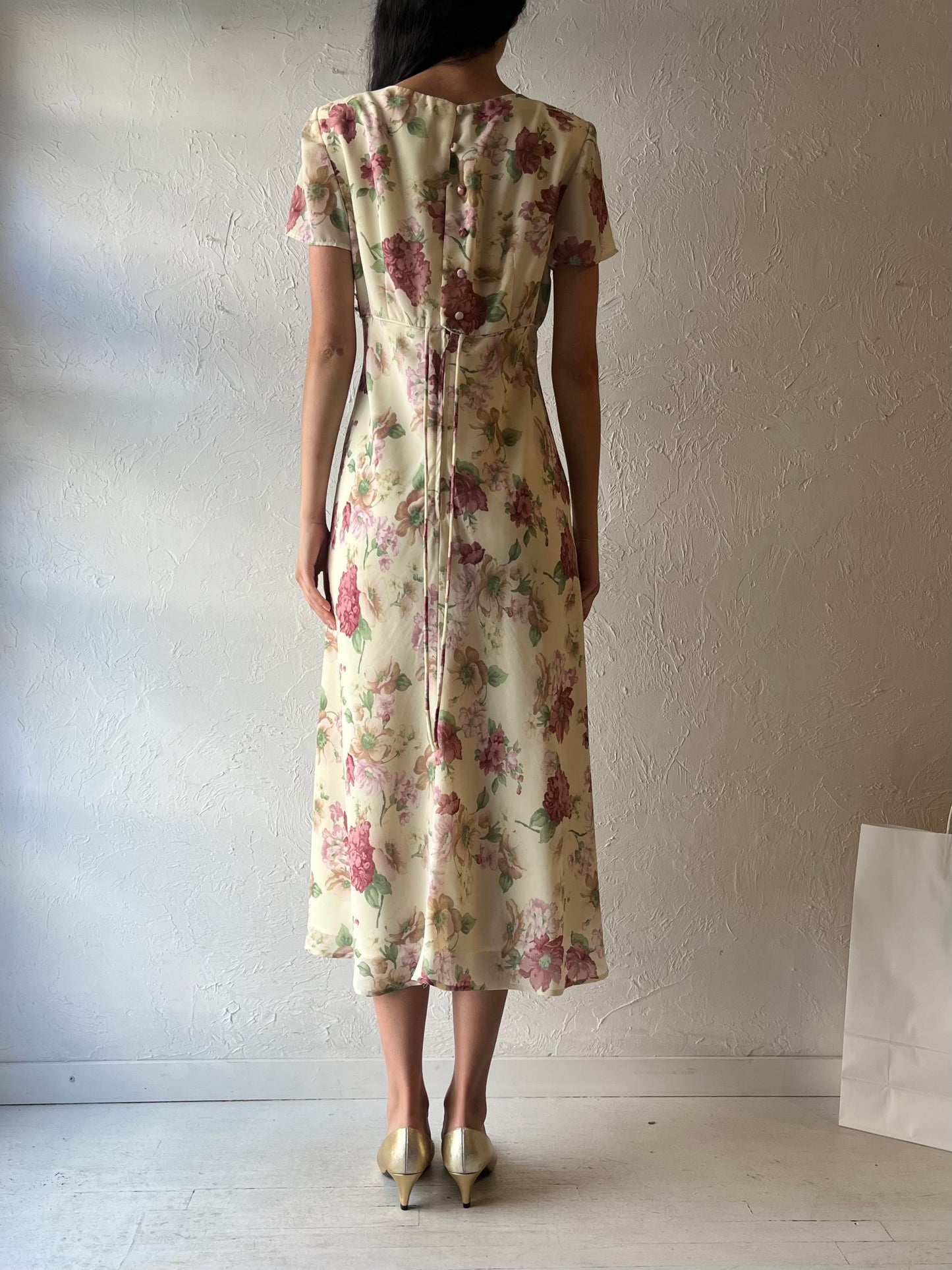 90s ‘Scarlet International’ Yellow Floral Midi Dress / Medium