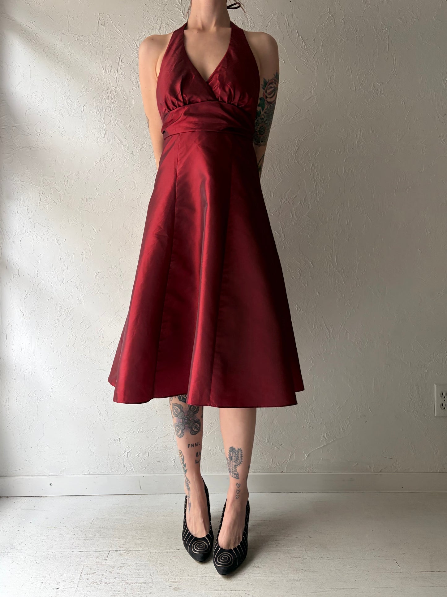 90s 'Sally' Red Formal Halter Dress / Small