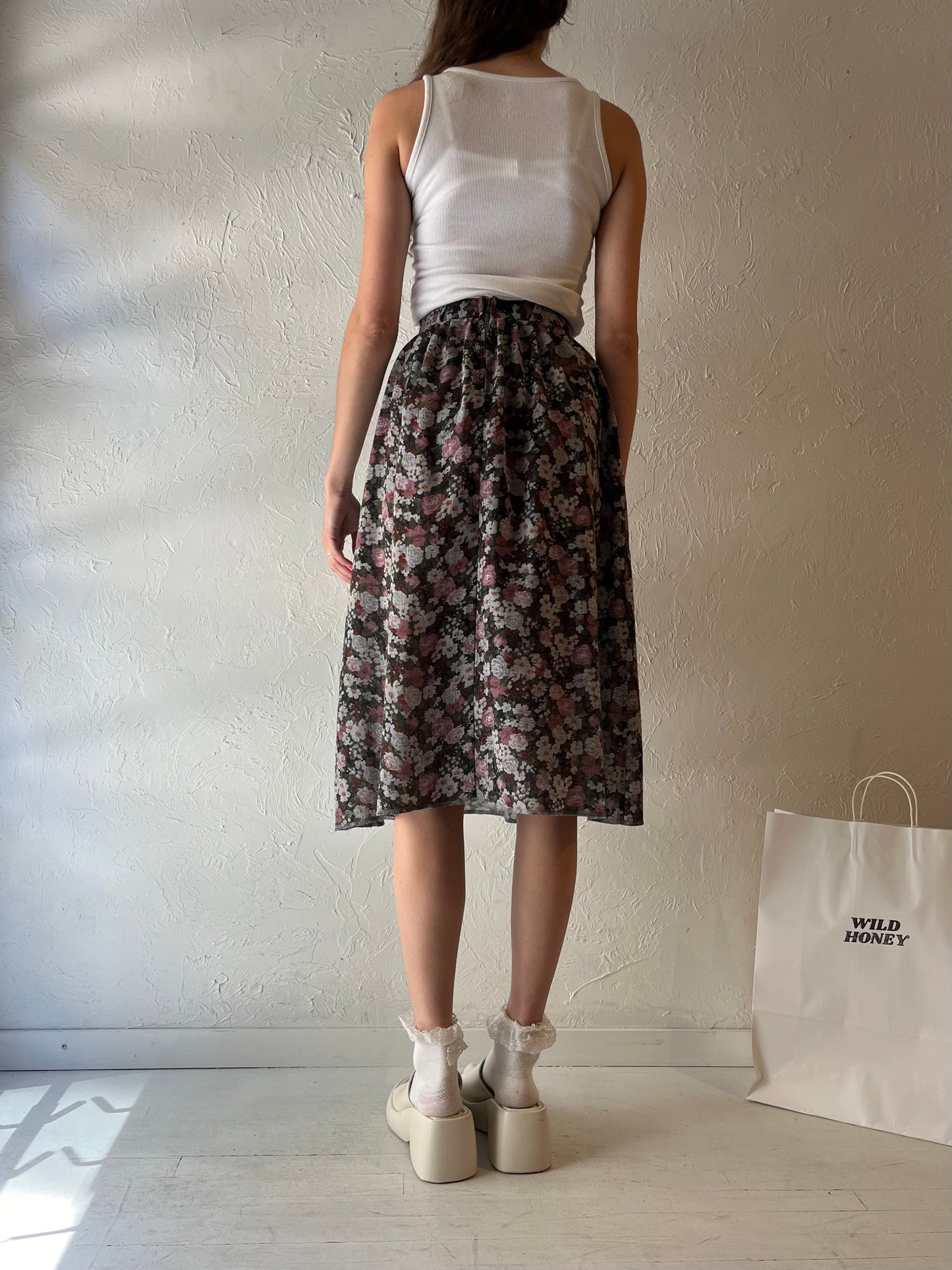 90s 'Billie Jo' Floral Print Midi Skirt / Small