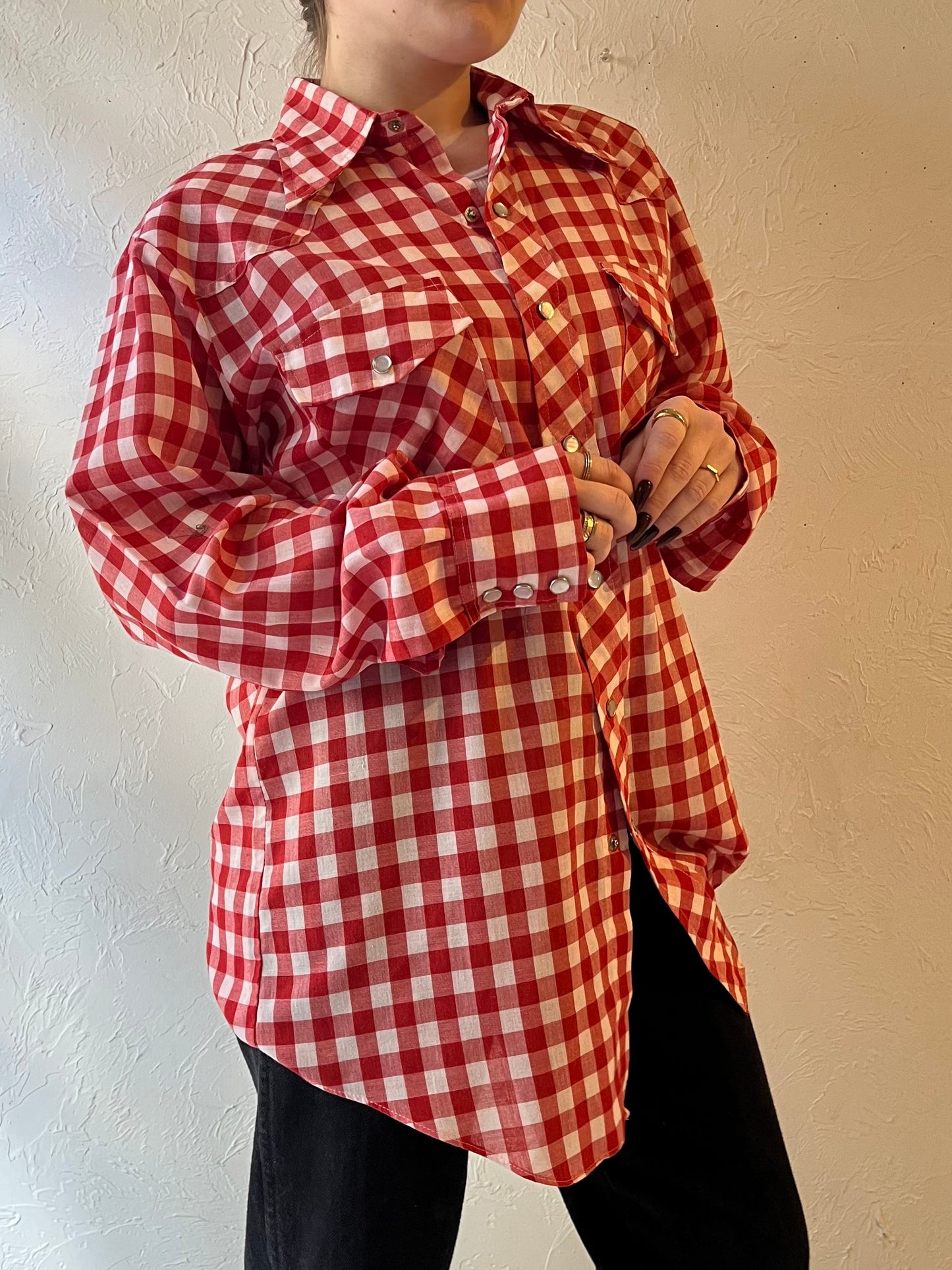 70s ‘Woodwards’ Red Gingham Pearl Snap Western Shirt / Medium