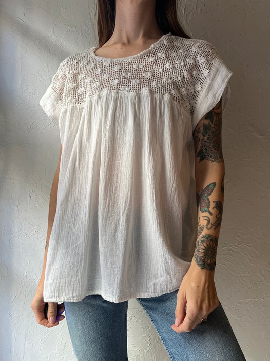 Vintage White Cotton Gauze Crochet Hippie Top / Medium