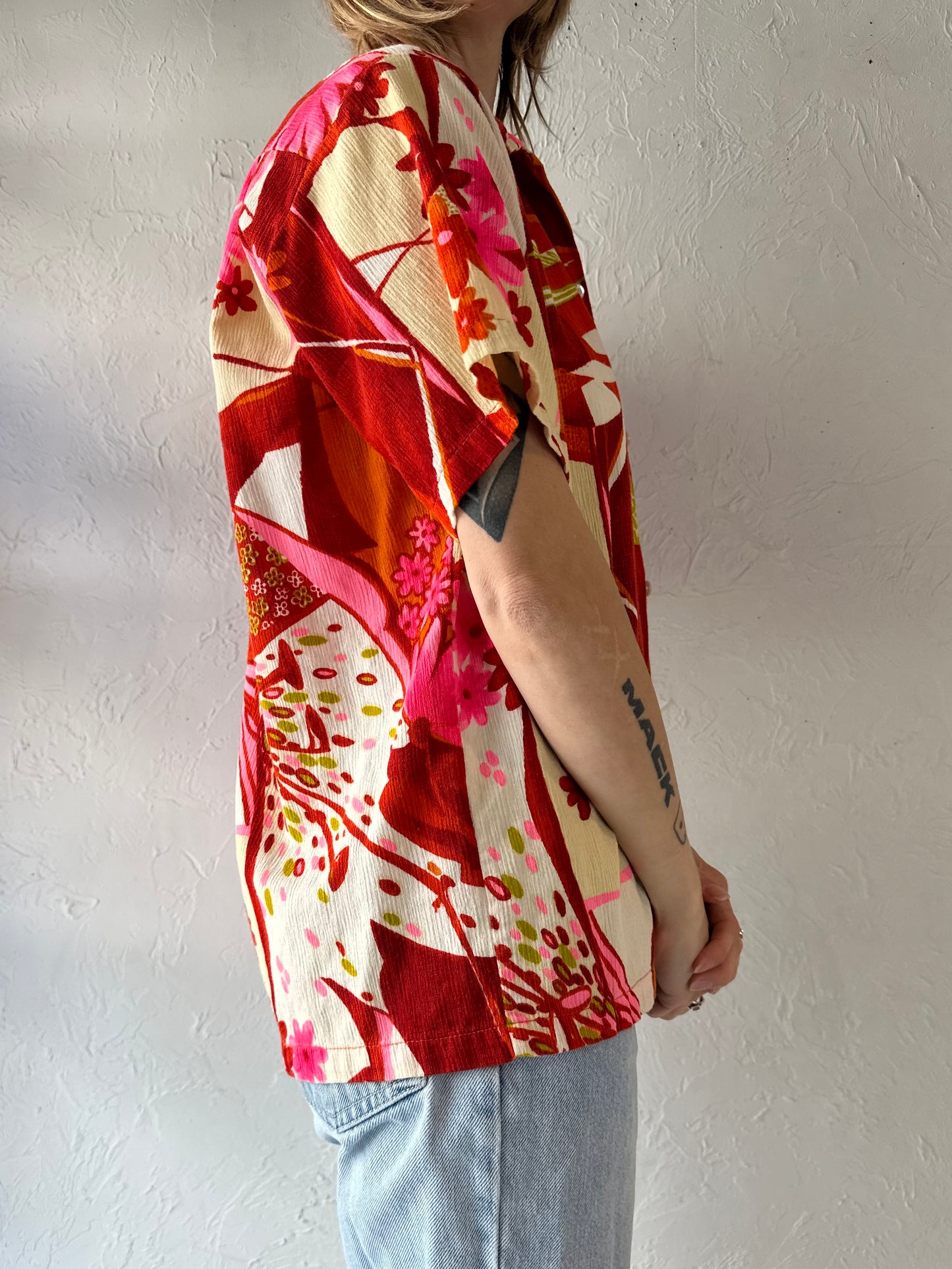 70s Red Cotton Hawaiian Shirt / Medium