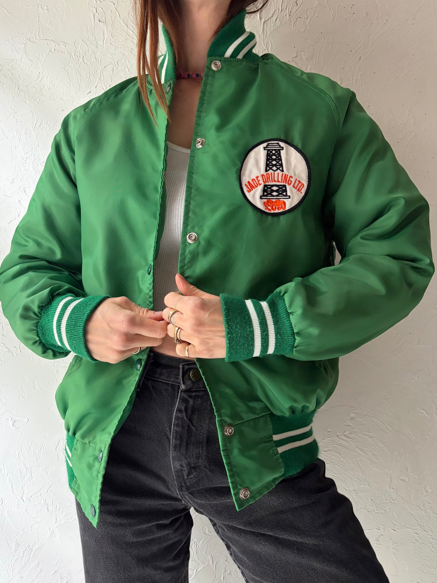 80s 'Jade Drilling' Green Retro Nylon Street Wear Bomber Jacket / Small