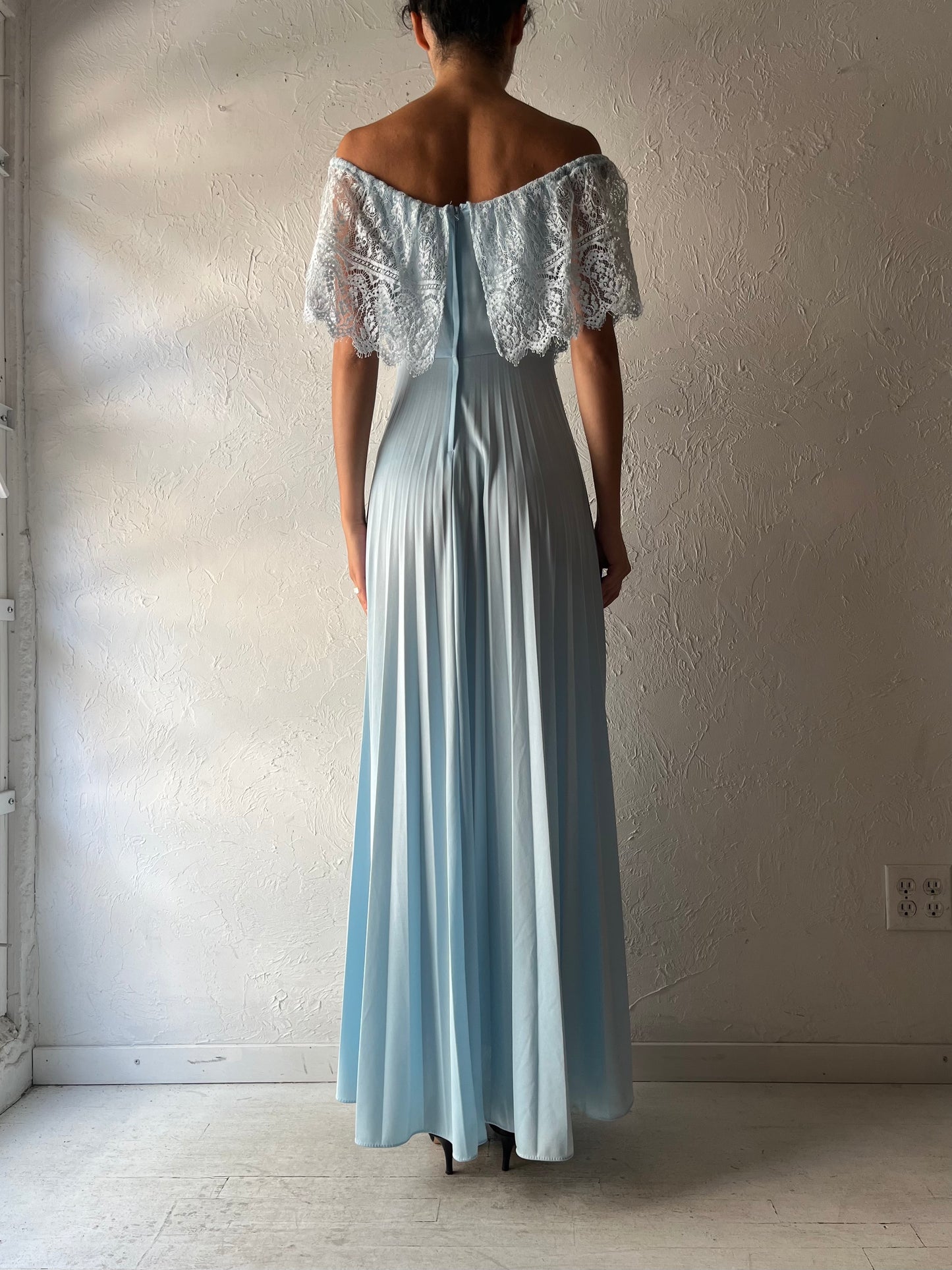 70s 'Sears' Baby Blue Off The Shoulder Formal Dress / Small