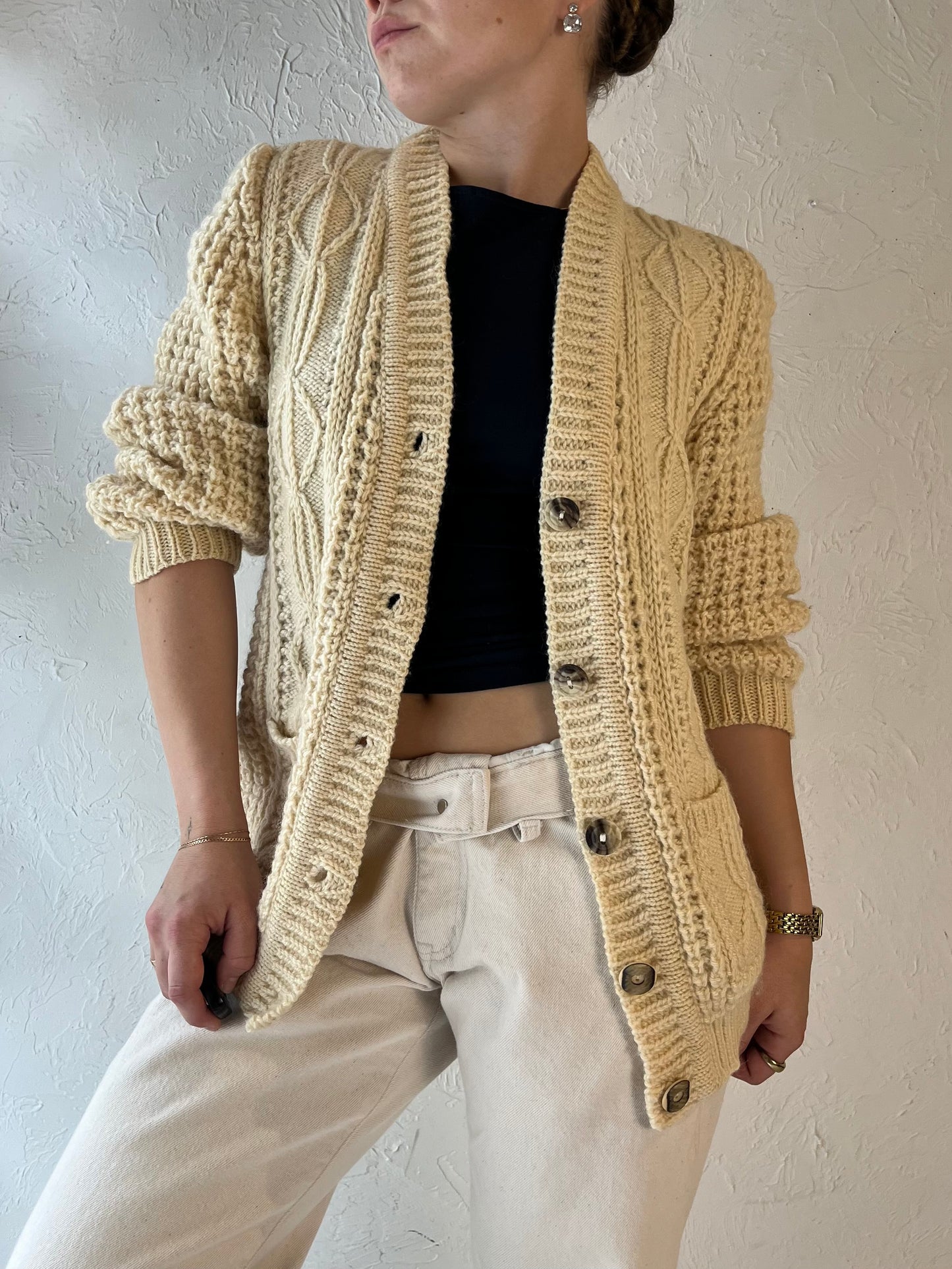 Vintage 'Gaeltarra' Cream Cable Knit Wool Fishermans Cardigan / Small