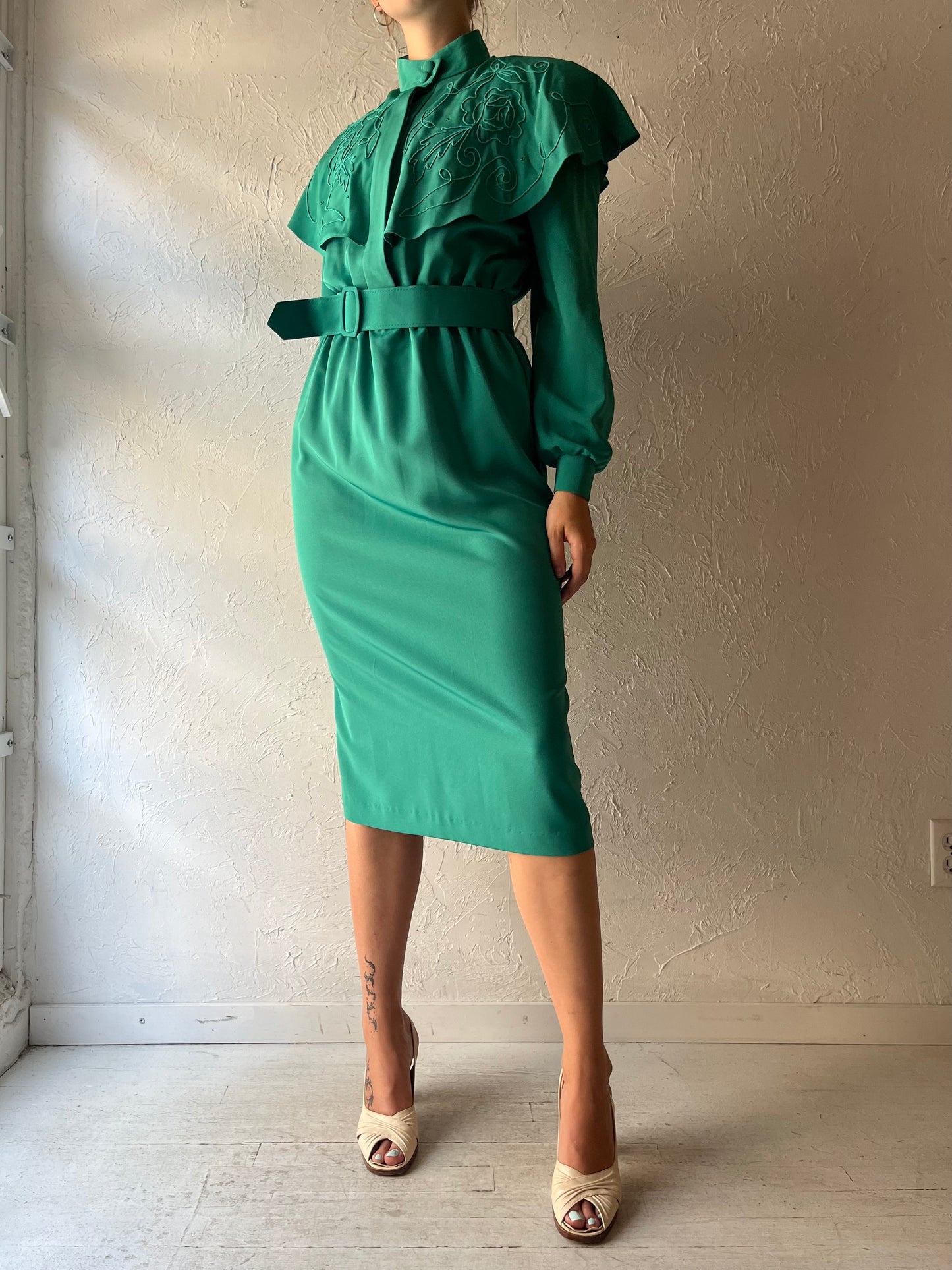 80s 'Eric Ryan' Green Retro Long Sleeve Spring Midi Shirt Dress / Medium