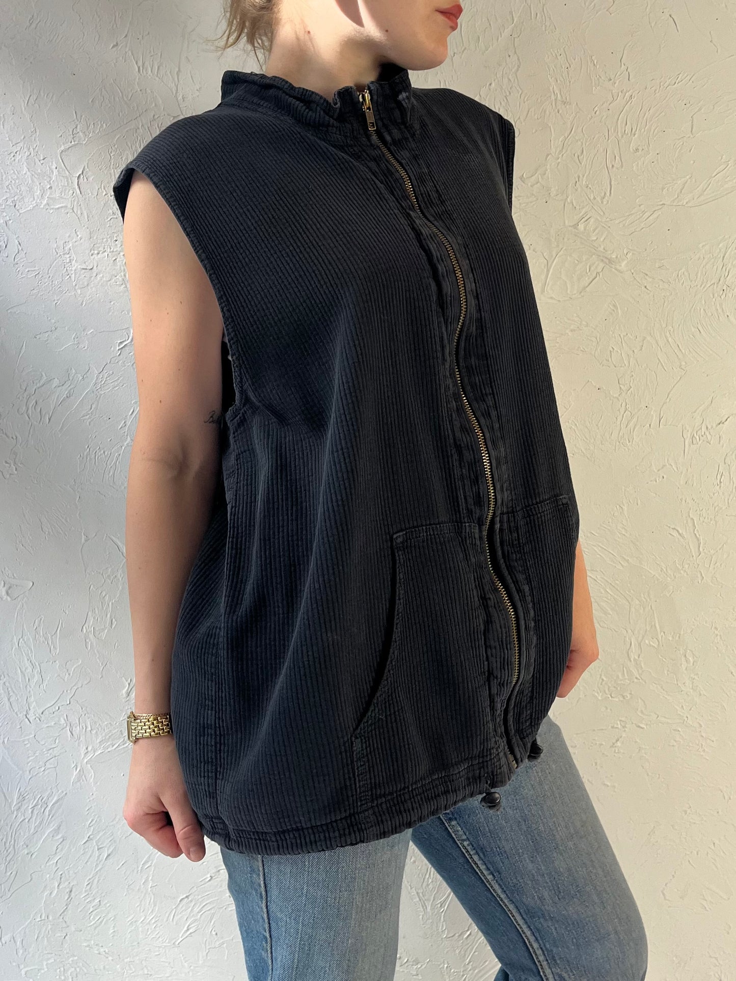 90s ‘Ezze Wear’ Black Zip Up Cotton Vest / Large