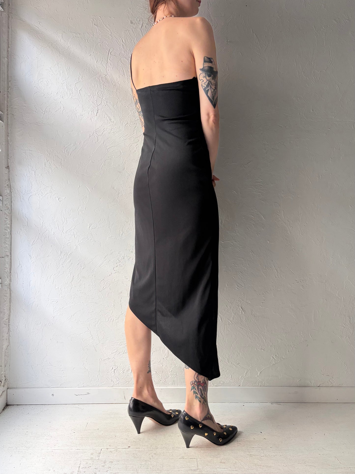 90s 'Rampage' Black One Shoulder Sparkly Assymetrical Formal Dress / Small