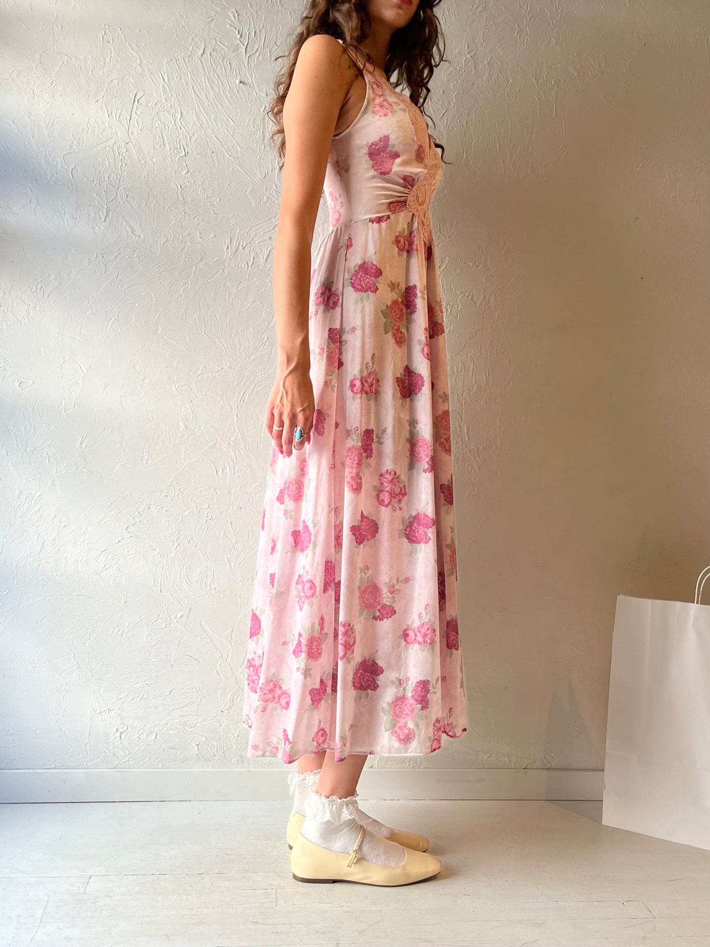 70s 'Olga' Pink Floral Slip Dress / Small