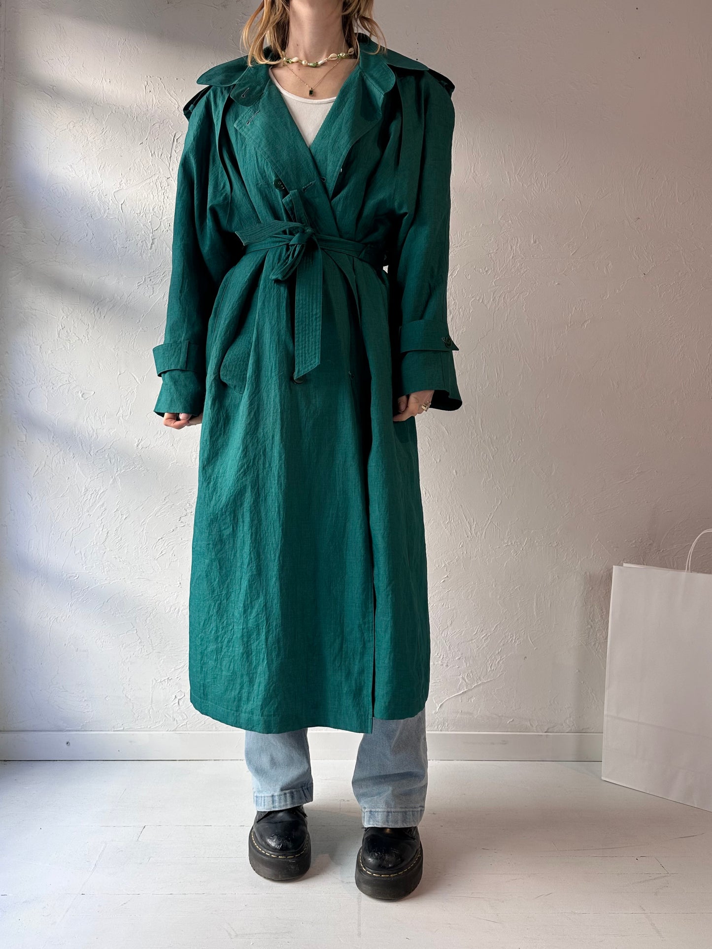 90s 'British Mist' Green Lined Trench Coat / Medium - Large