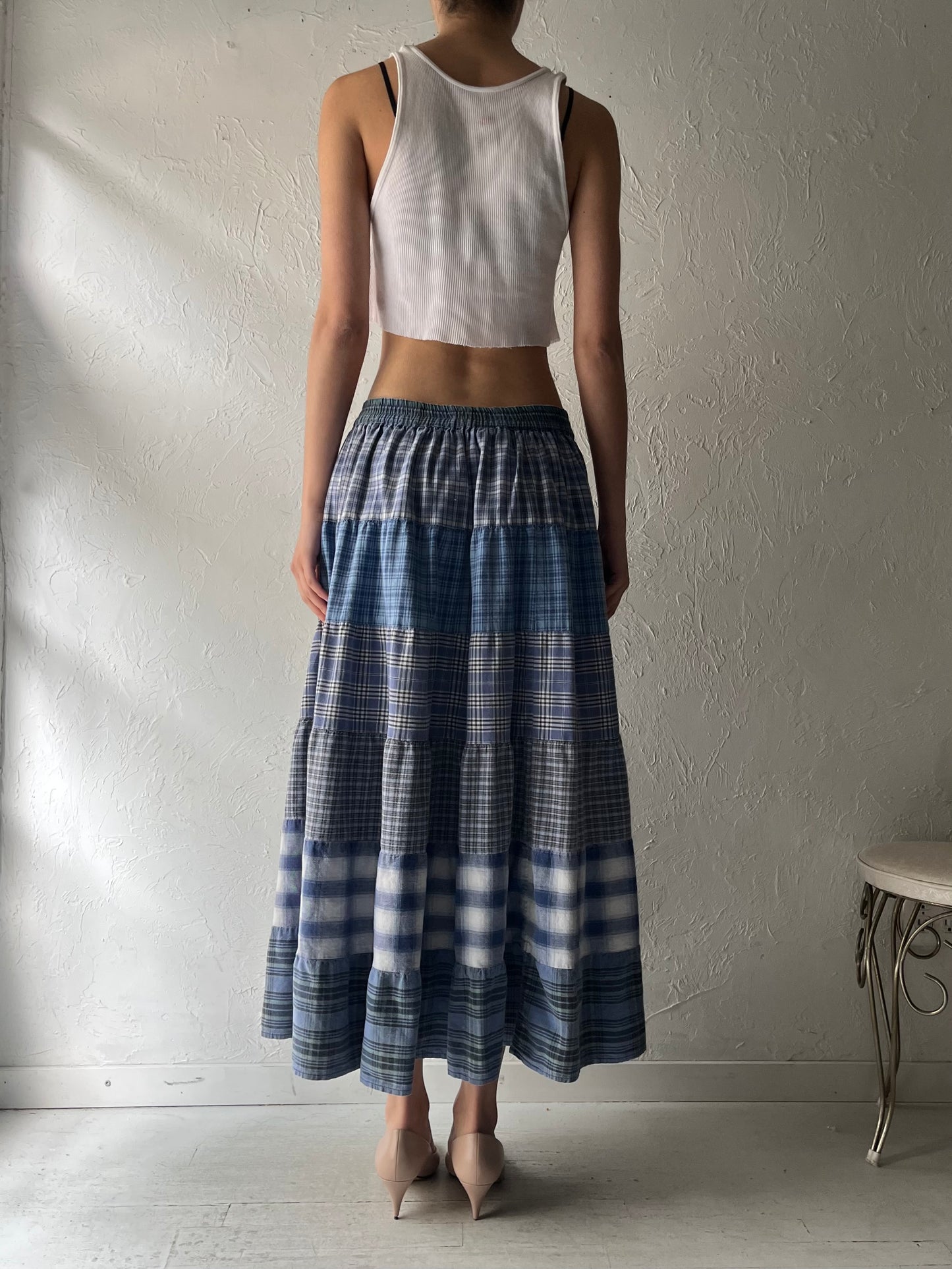 90s 'St Johns Bay' Blue Patchwork Cottage Core Maxi Skirt / Medium