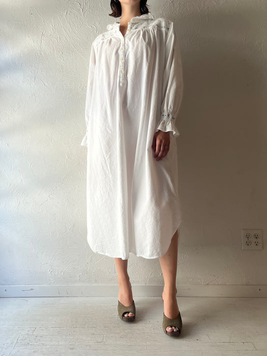 90s White Embroidered Flannel Cozy Nightgown Dress / Vintage 90s Cozy Romantic Cottagecore Sleep Dress / Large
