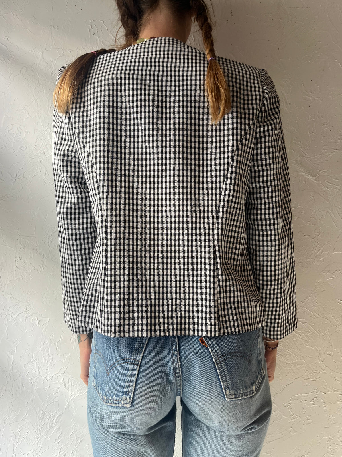 80s 'Mari' Black & White Plaid Gingham Sailor Collar Cottagecore Preppy Top / Medium