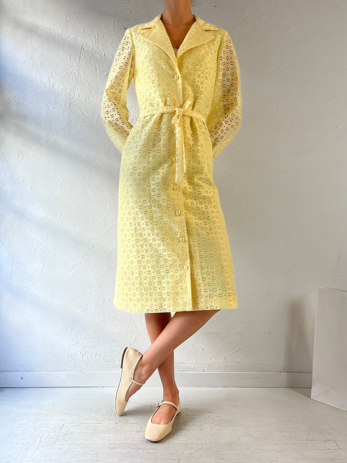 Vintage Handmade Yellow Button Up Jacket Dress / Small