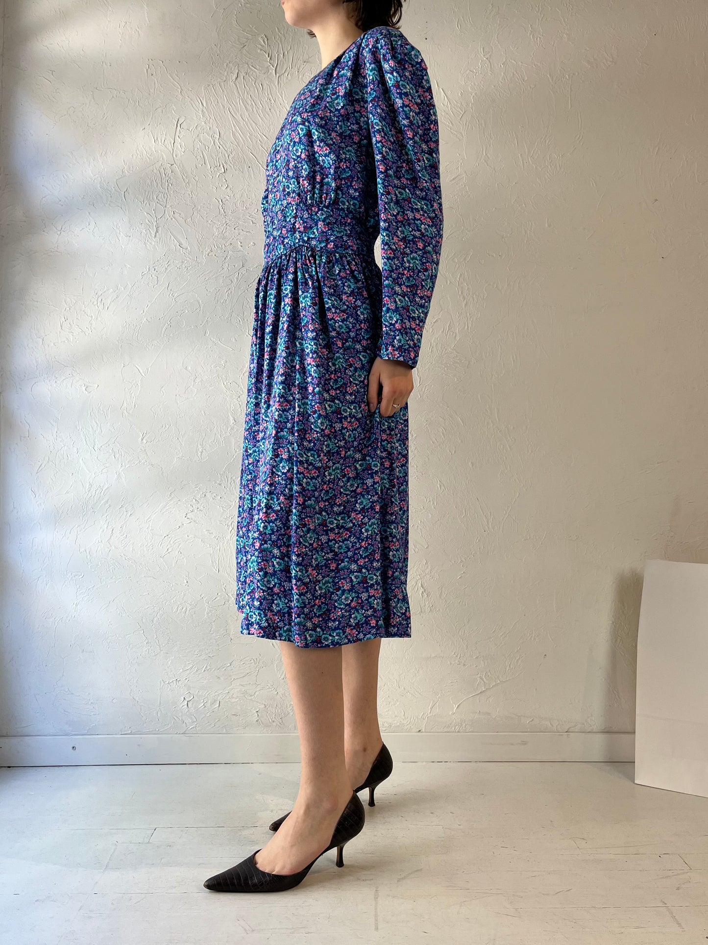 90s 'Karen Stevens' Blue Floral Print Rayon Dress / Large