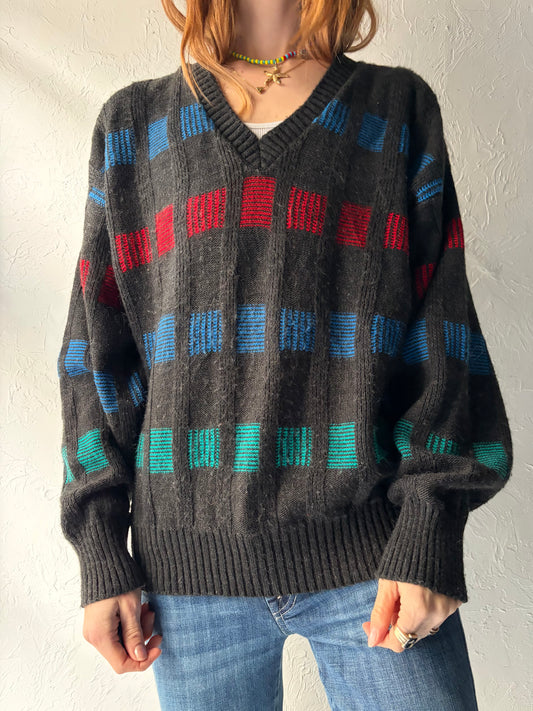 90s 'London Fog' Grey Acrylic V-Neck Sweater / Medium