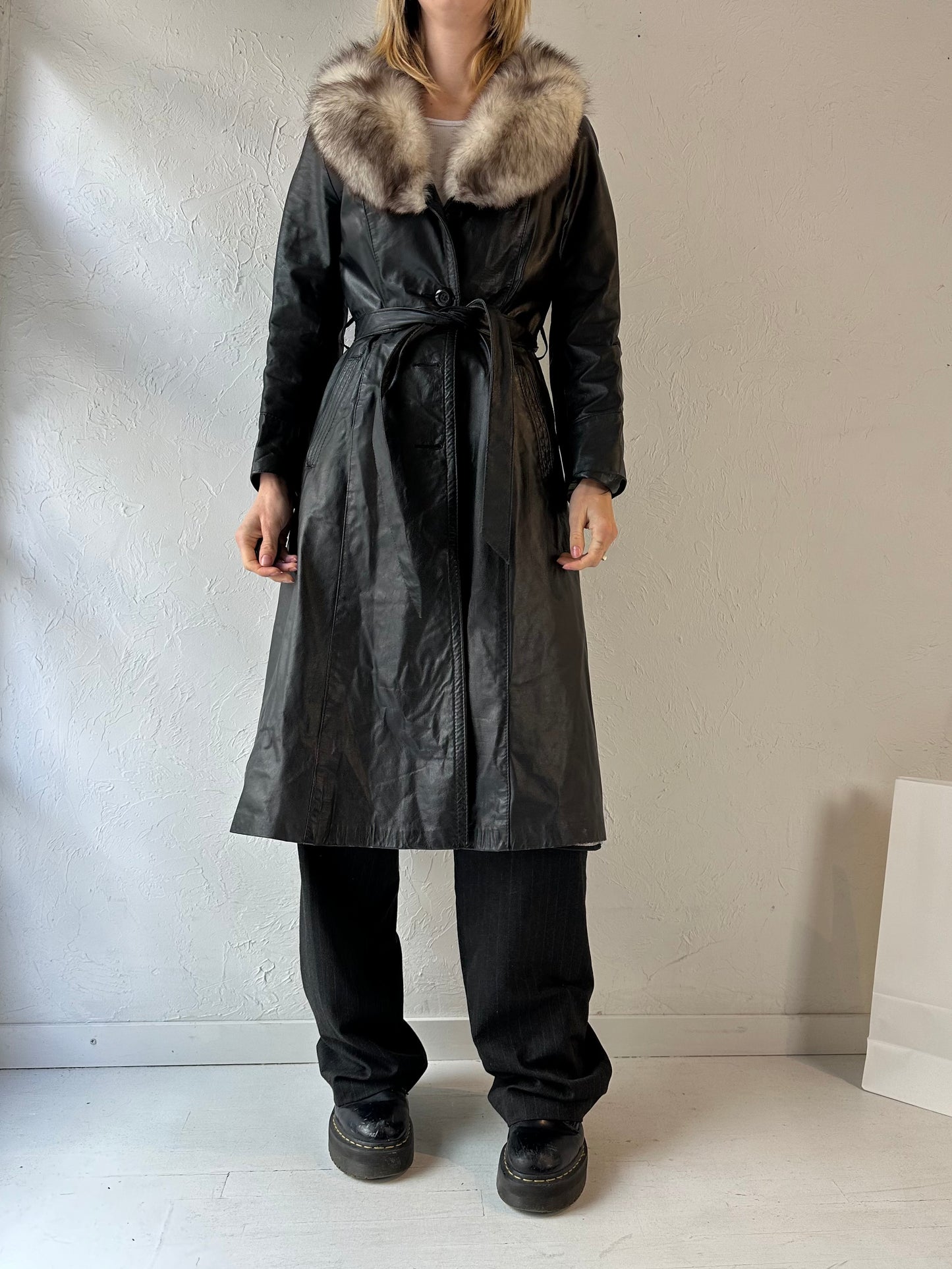 Vintage 'Cosa Nova' Black Leather Coat with Fur Collar / Small