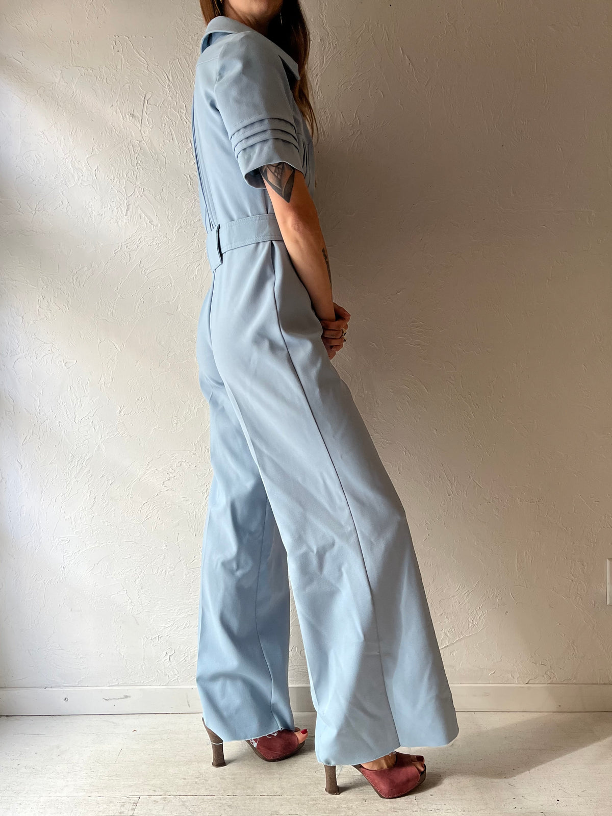 70s 'Billie Jo' Powder Blue Belted Wide Leg Jumpsuit / Retro Mod Short Sleeve Disco Utility Boilersuit / Small
