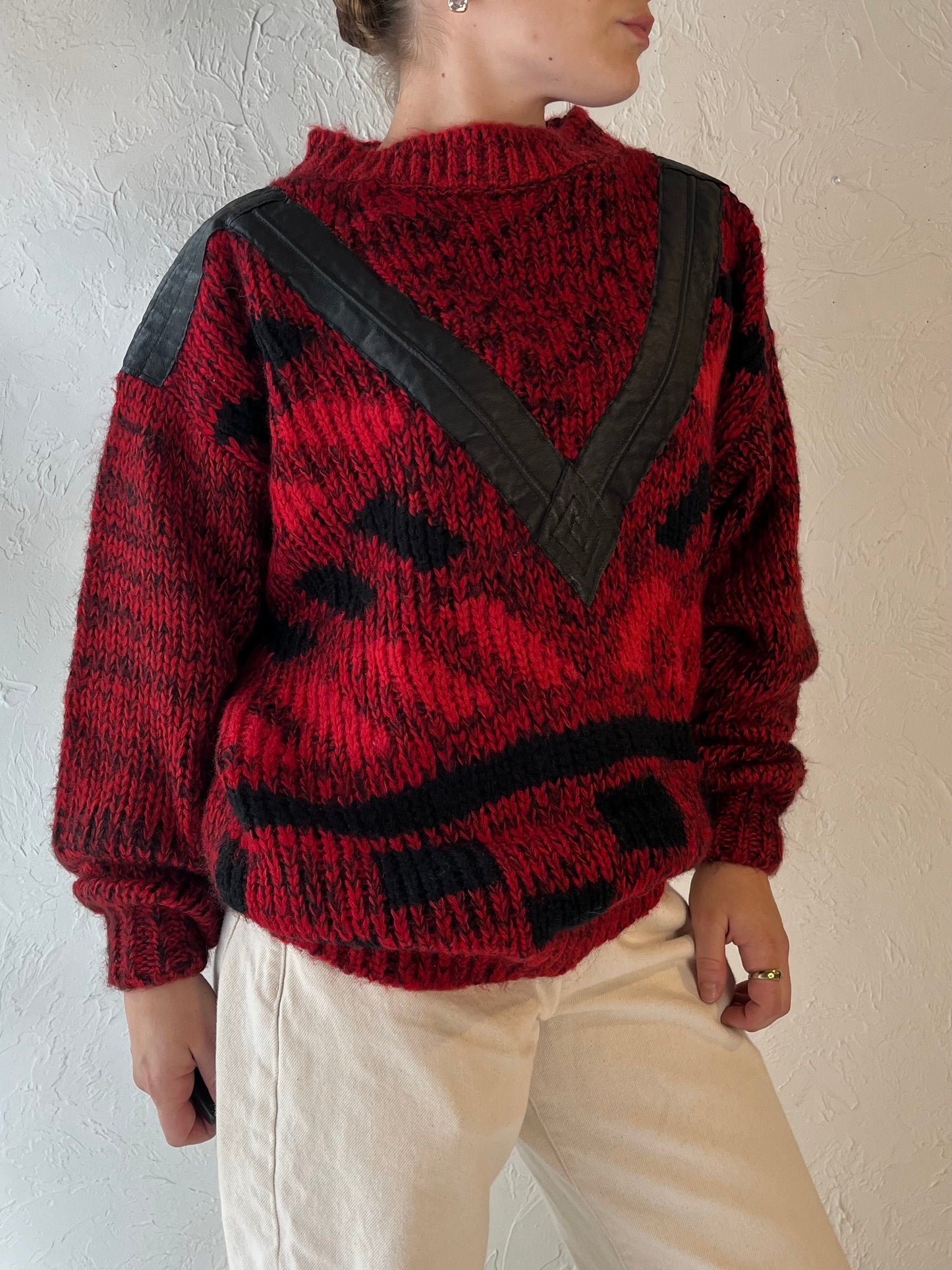 90s 'Front Line' Red Acrylic Knit Sweater / Medium