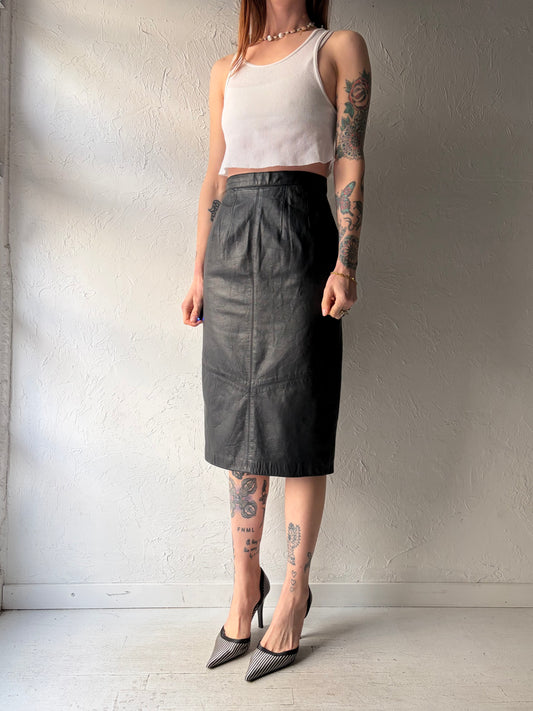 90s ‘Pelle’ Black Leather Minimalist Midi Pencil Skirt / Small