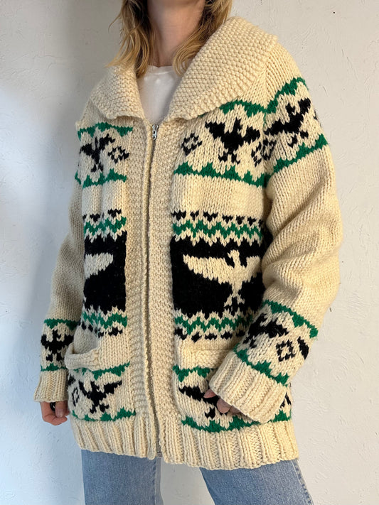 Vintage Hand Knit Thick Wool Zip Up Eagle Sweater / Medium