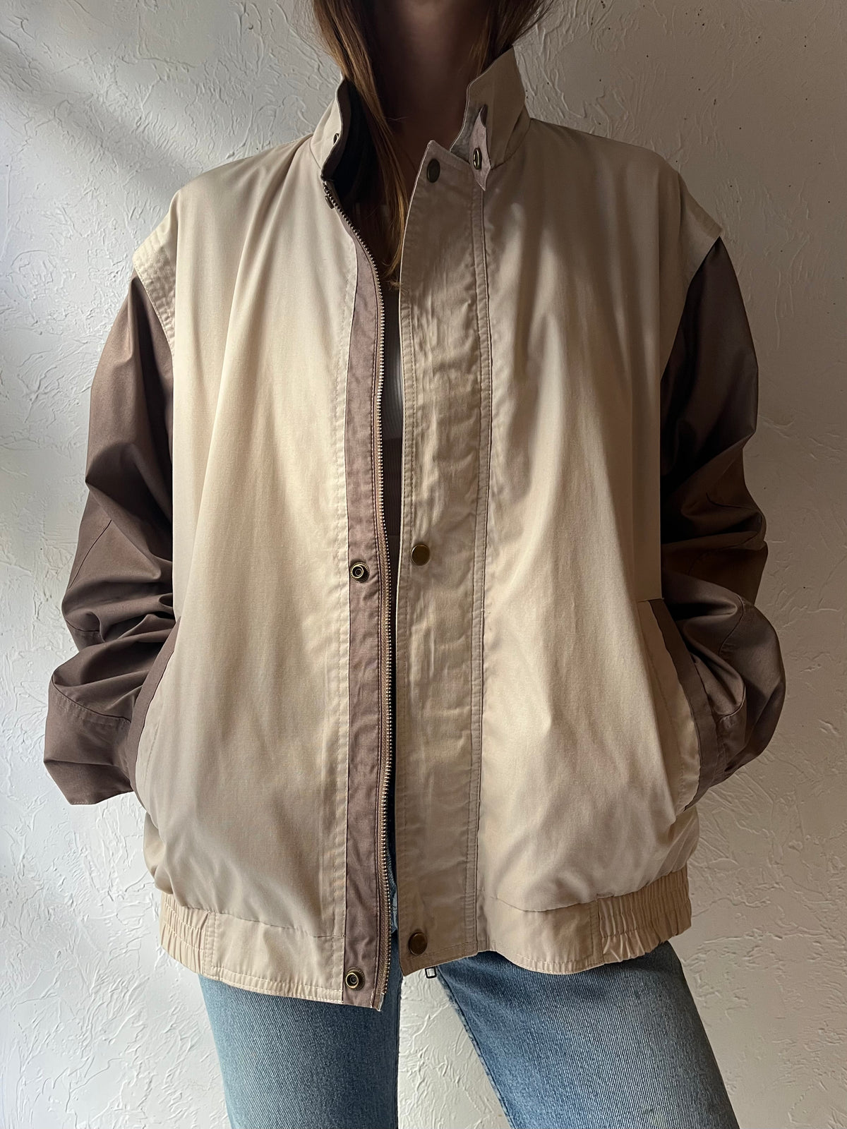 90s 'Oscar de la Renta' Beige Brown Color Block Minimalist Lightweight Windbreaker Jacket / Large