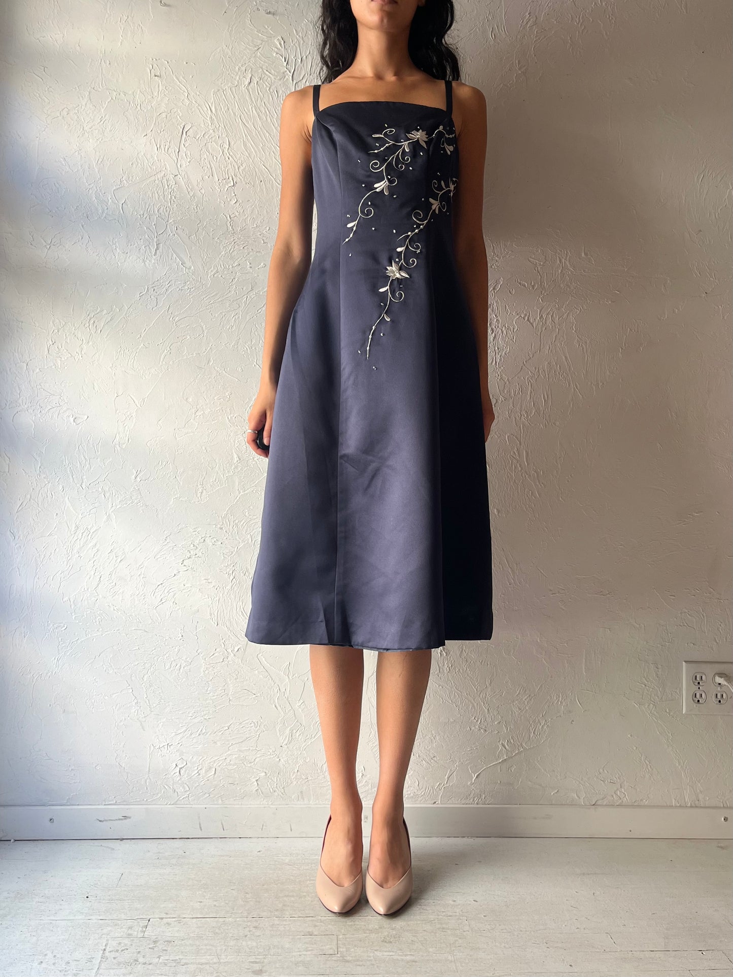 Y2k 'Alex Hanson' Navy Blue Floral Embroidered Formal Party Midi Dress / Medium