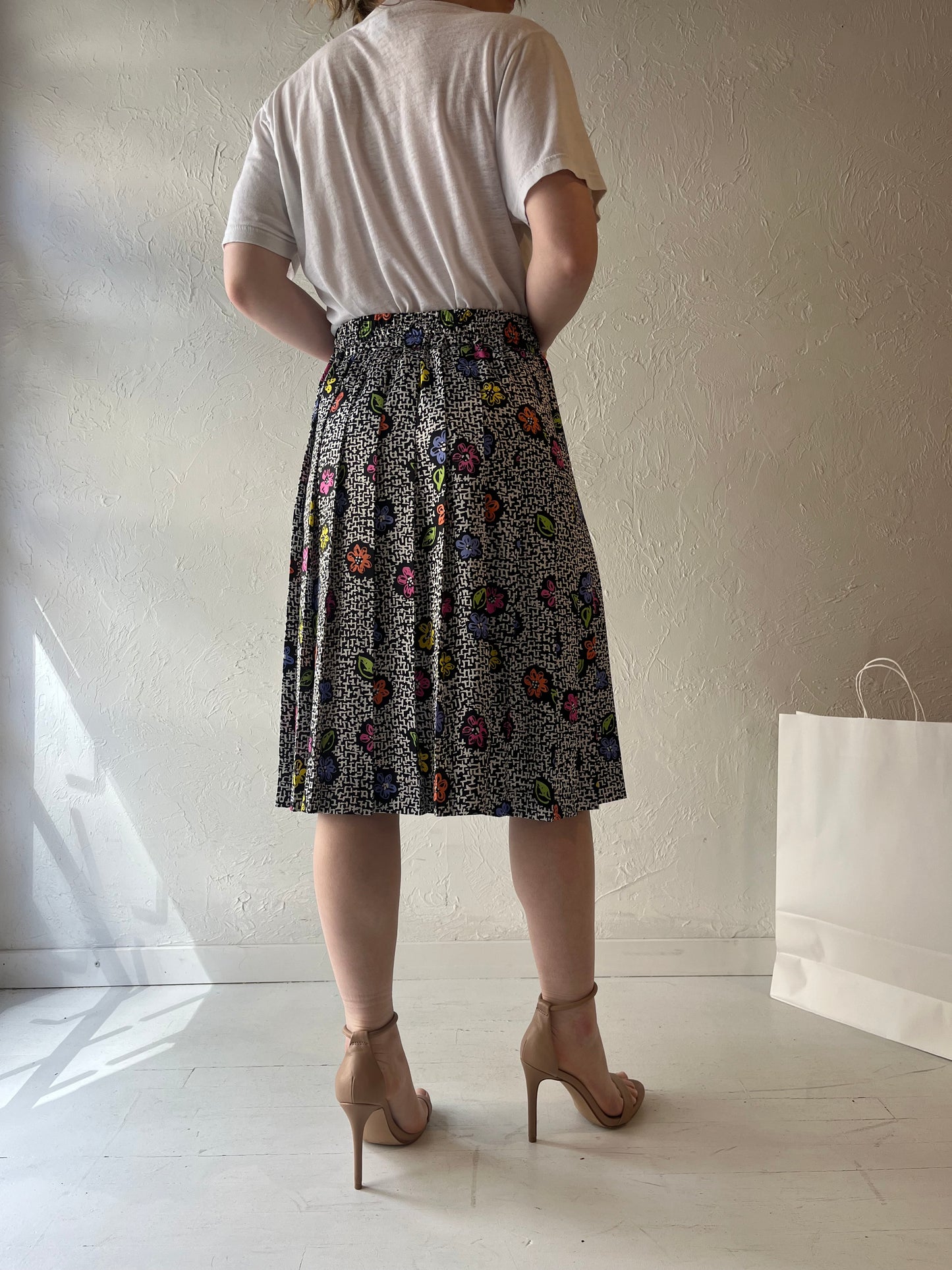 90s Floral Print Midi Skirt / Medium