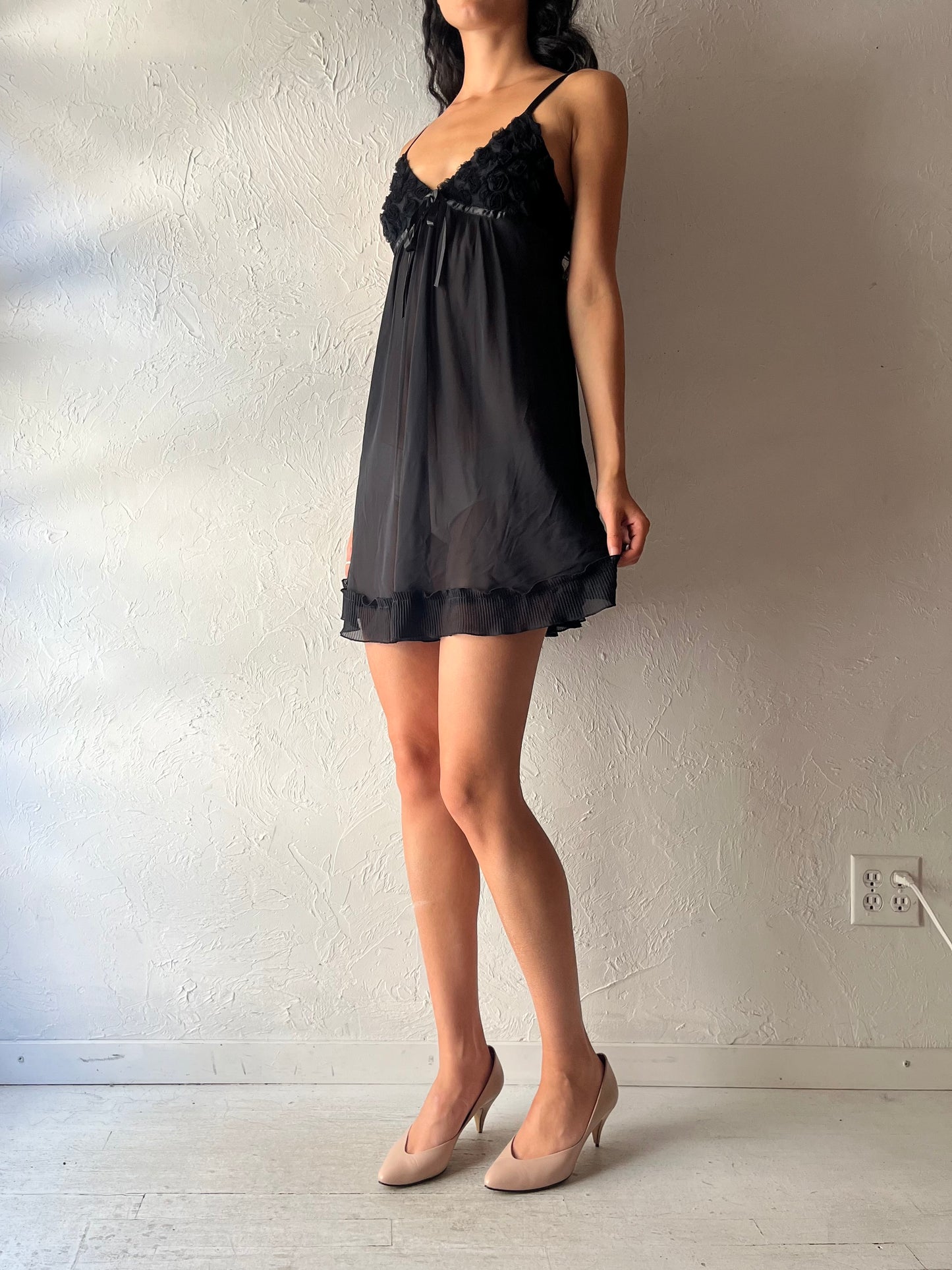 Y2k 'Oscar de la Renta' Black Shear Romanic Slip Mini Dress / Small