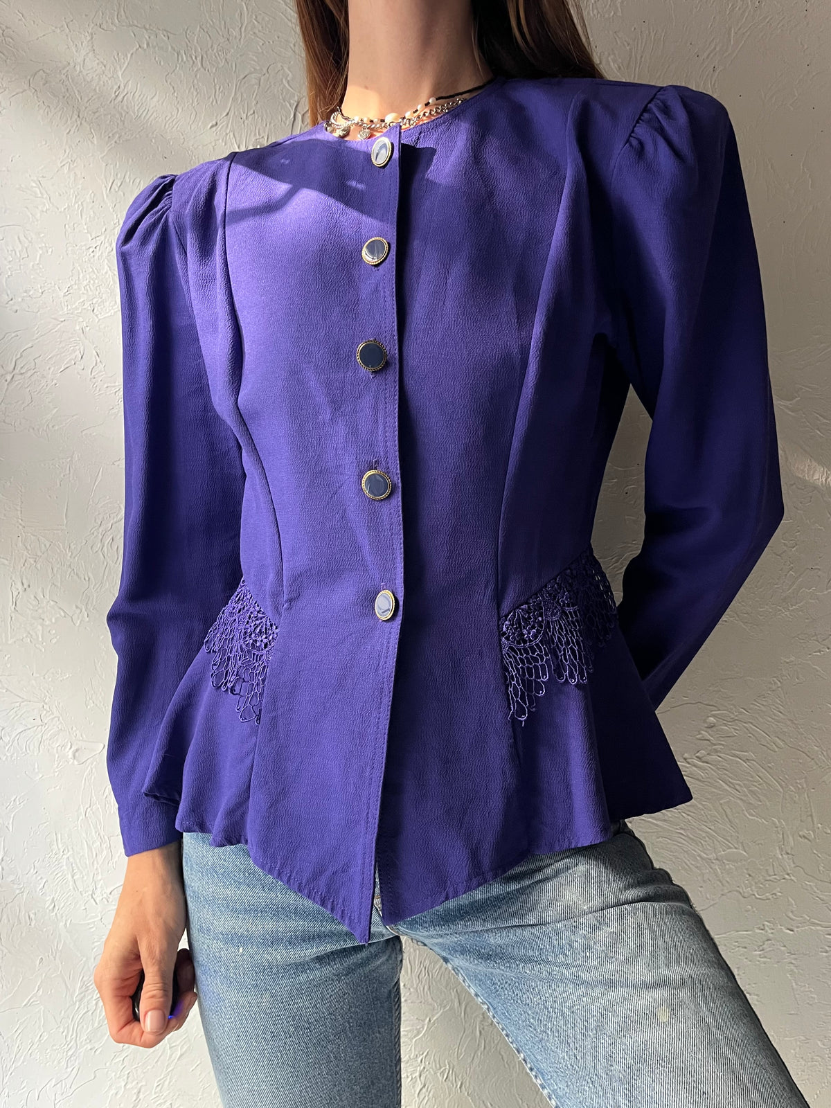 80s 'TC' Purple Long Sleeve Blouse Jacket / Small