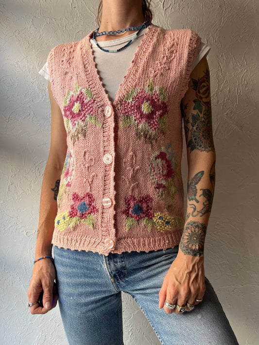 90s 'Ivy' Pink Floral Cottagecore Gramacore Knit Cotton Vest / Small