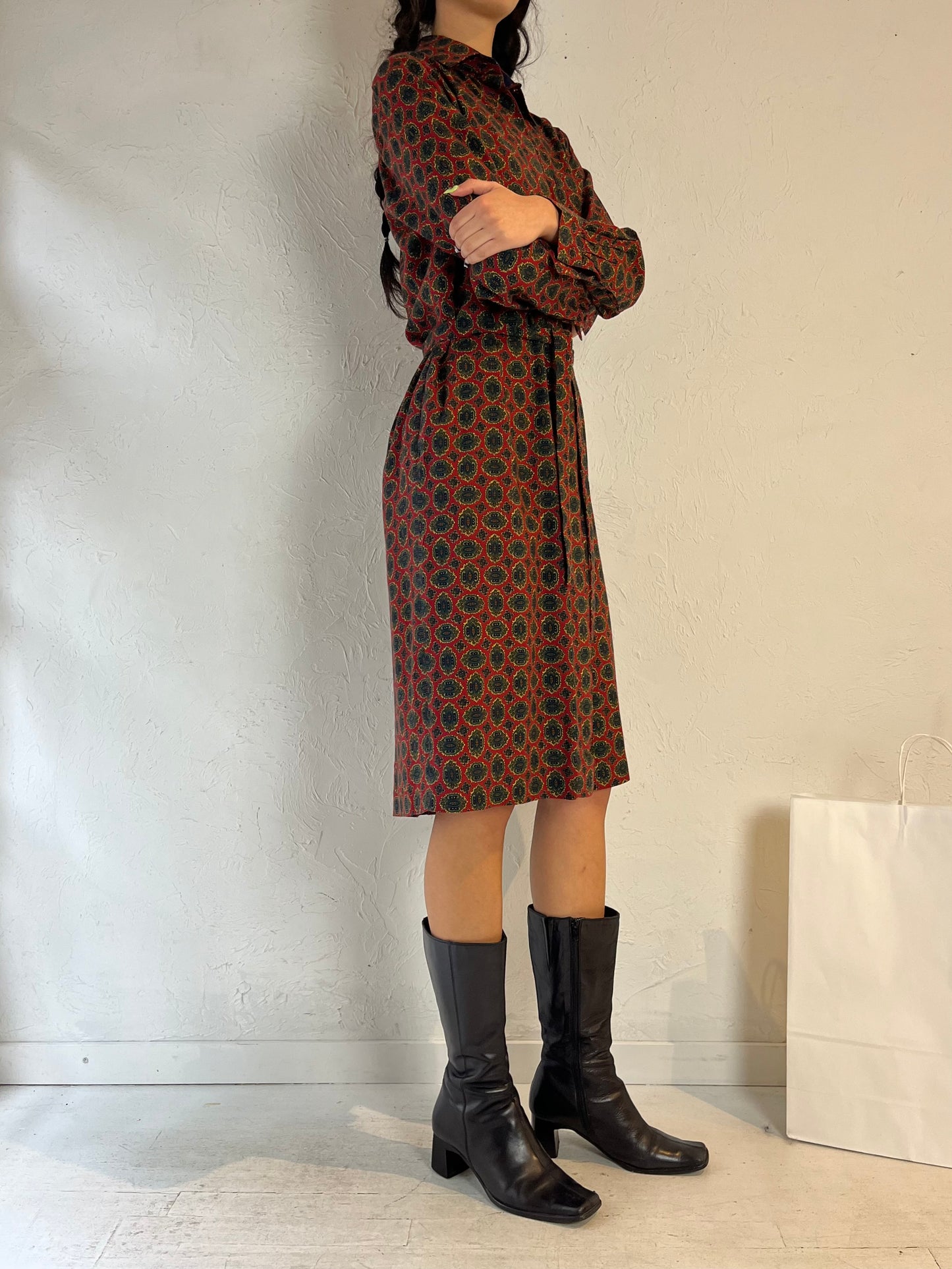 90s ‘Schrader’ Long Sleeve Patterned Midi Dress / Medium