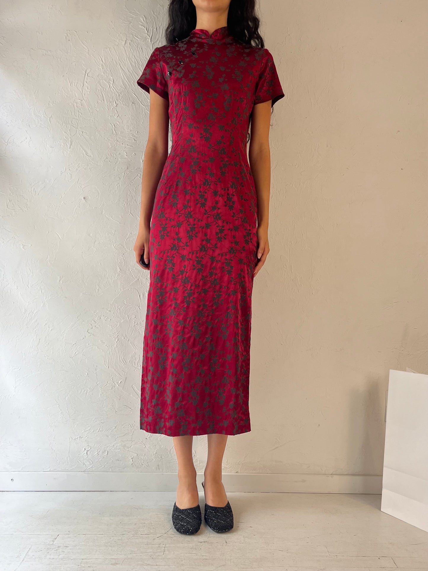 90s 'Amoretti' Red Embroidered Floral Dress / Small - Medium