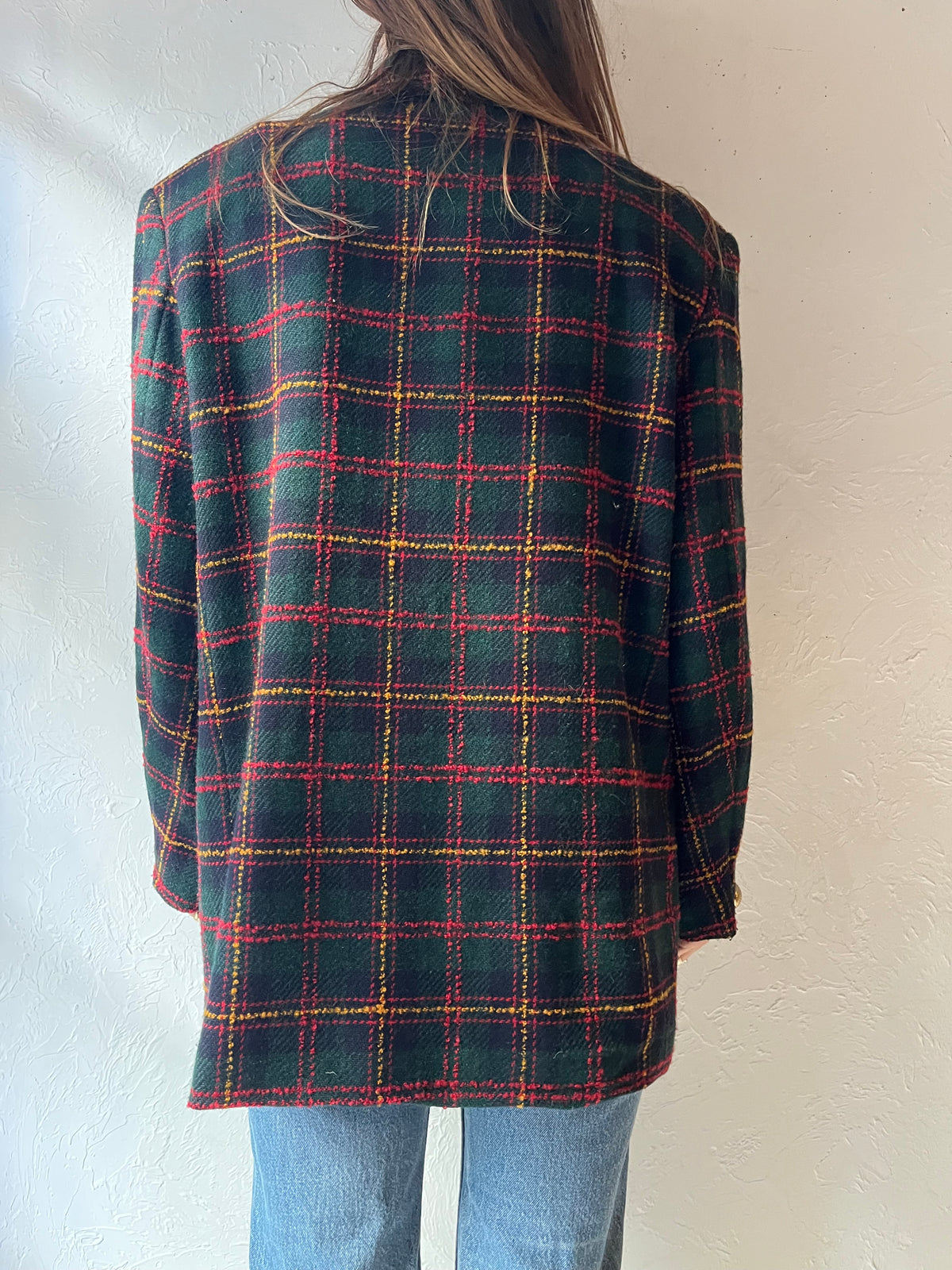 90s 'Bianca' Green Plaid Preppy Academia Oversized Blazer Jacket / Large