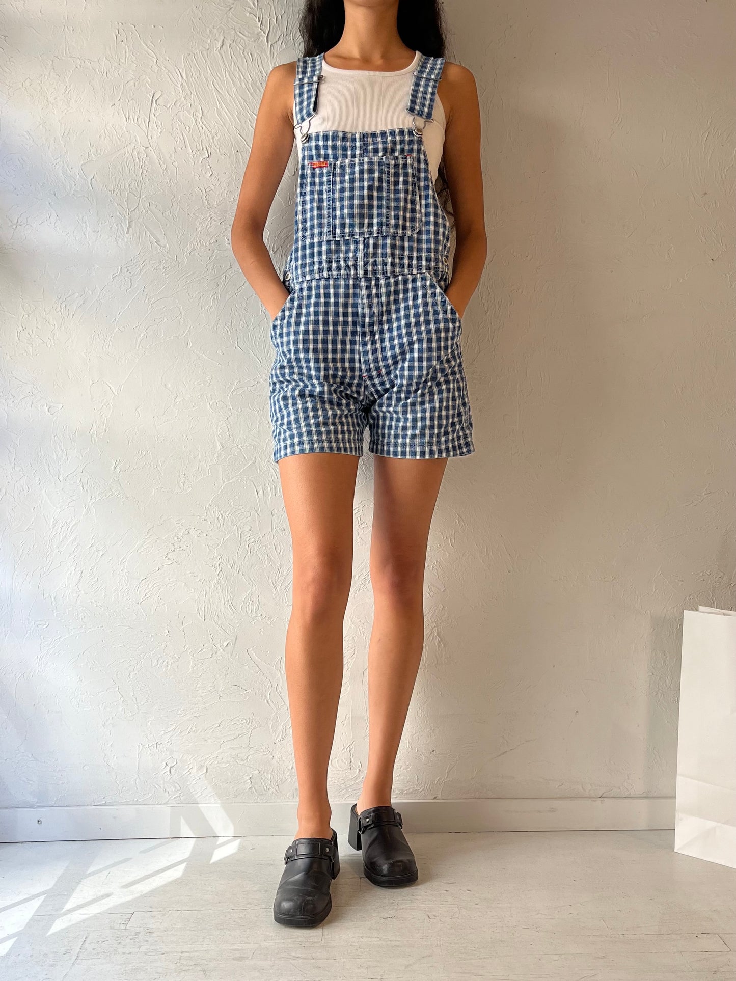 90s 'Ikeda' Plaid Denim Overall Shorts / Small