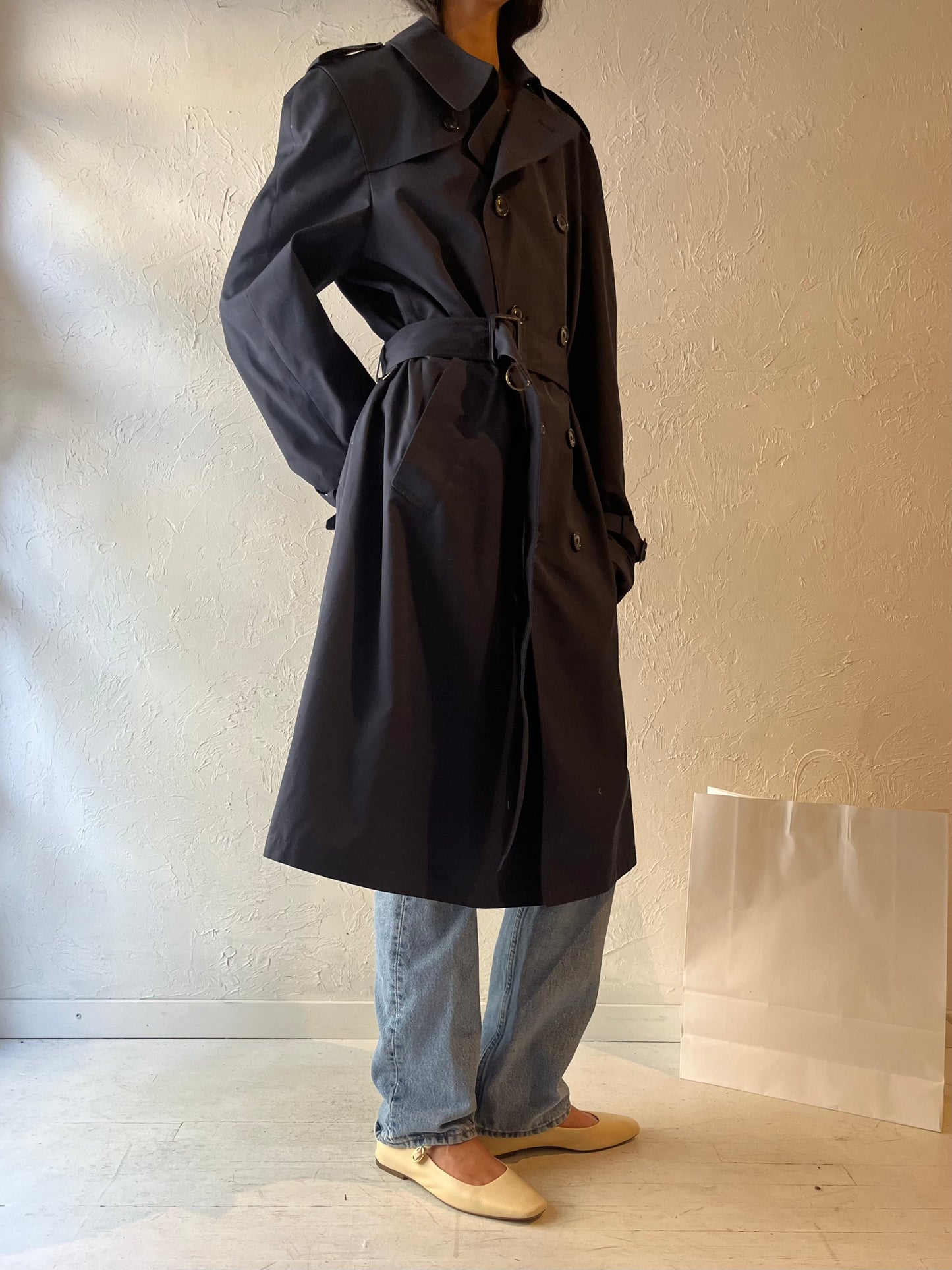 90s 'London Fog' Navy Blue Trench Coat / Large