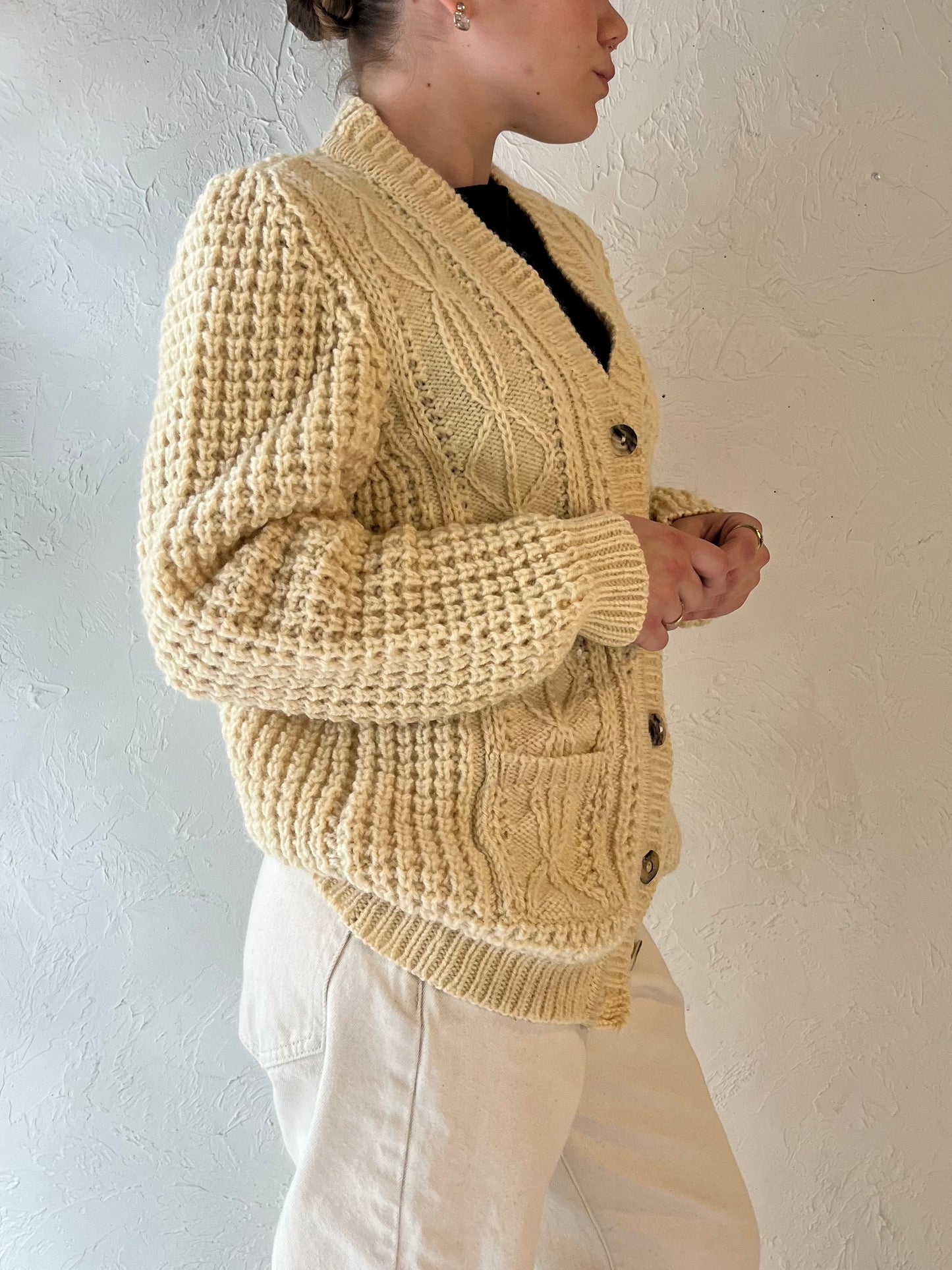 Vintage 'Gaeltarra' Cream Cable Knit Wool Fishermans Cardigan / Small