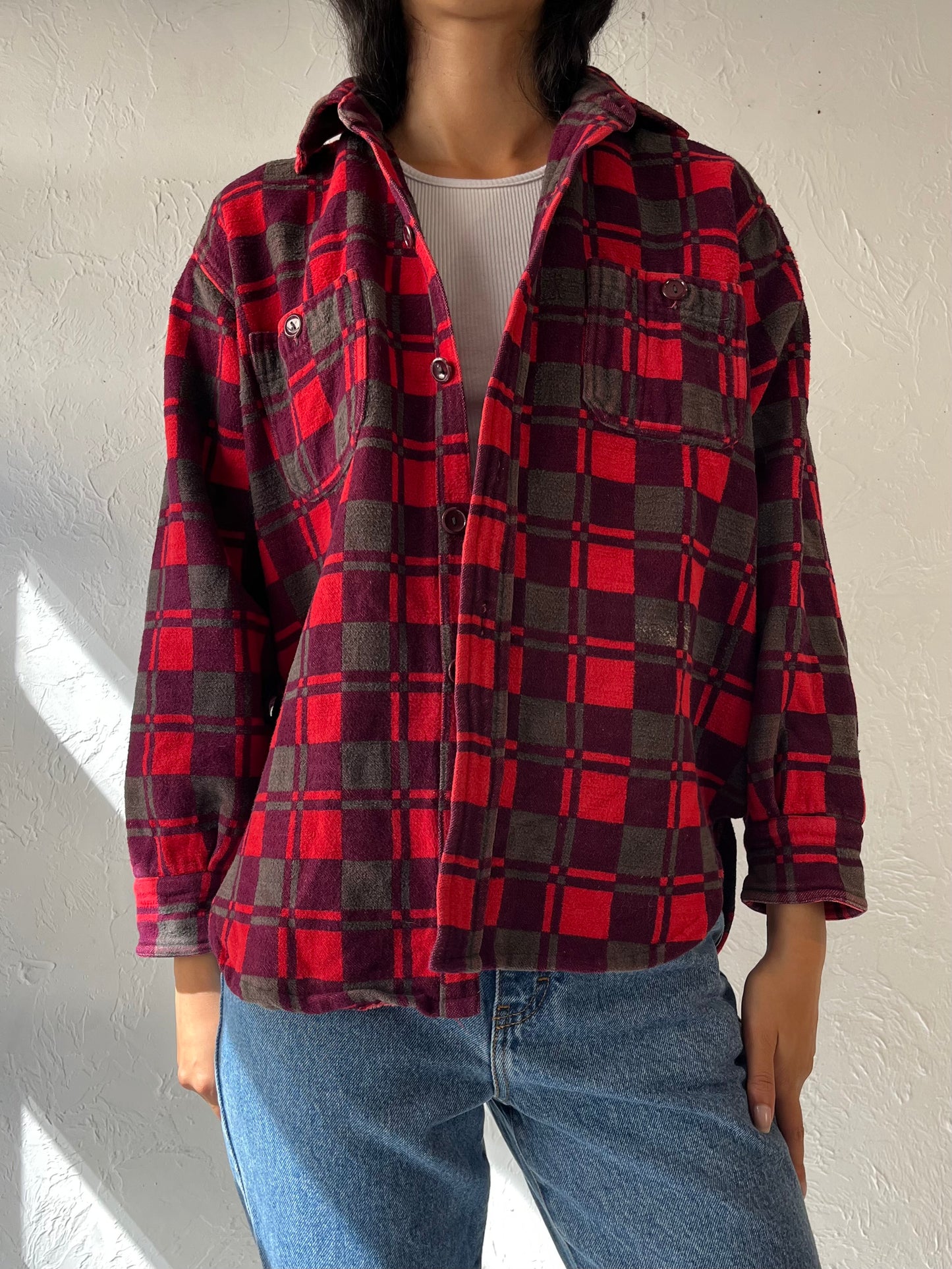 Y2k 'Champion' Red Cotton Flannel Shirt / Large