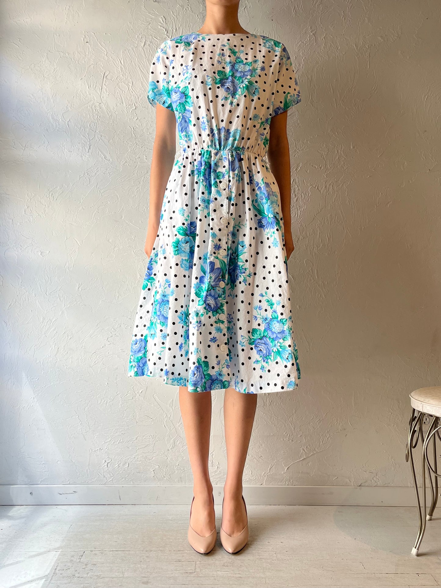 80s 'New Looks' Floral Retro Cottagecore Summer Dress / Vintage 1980s Romantic Boho Garden Party Dress / Medium