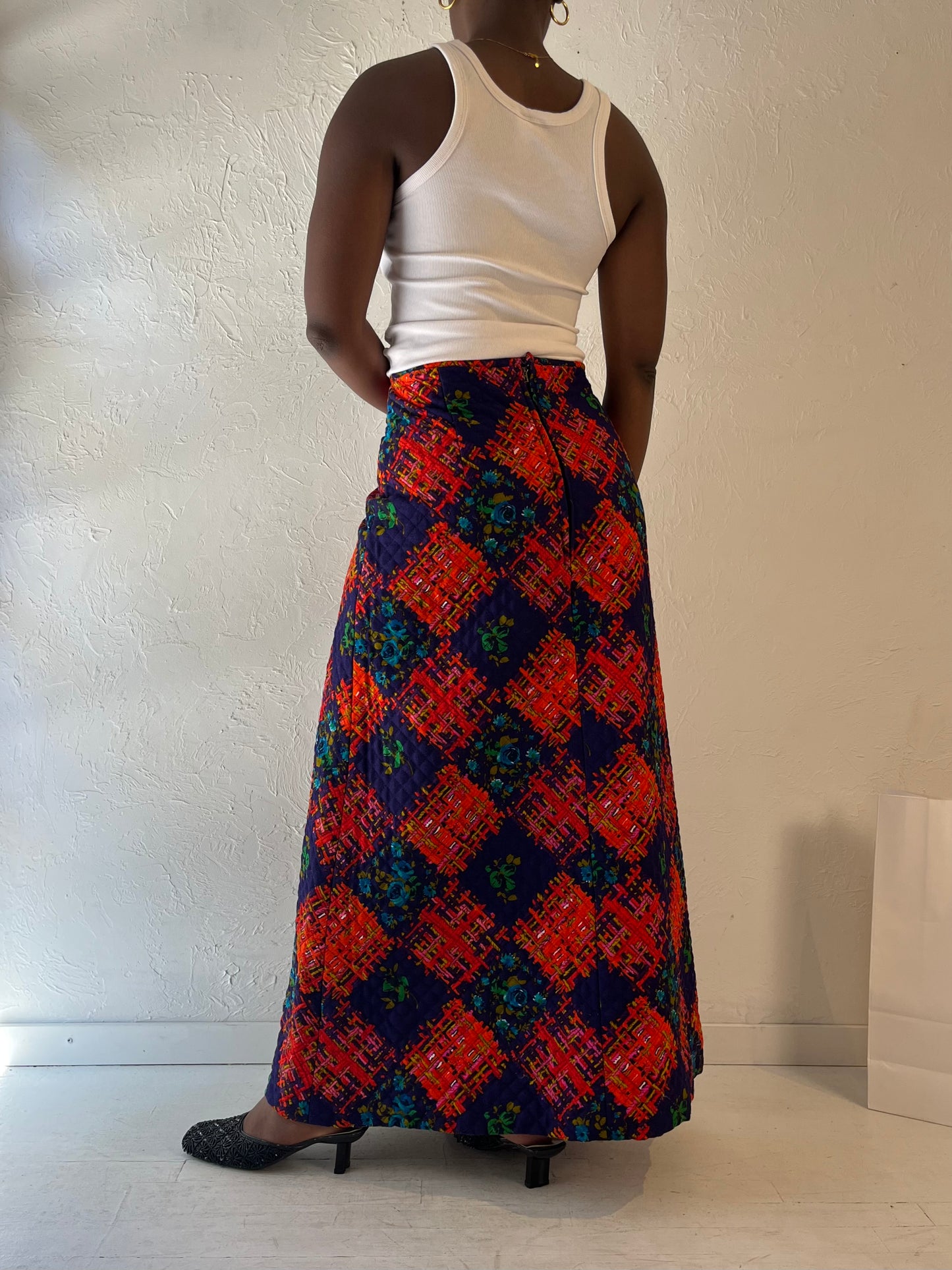 70s Handmade Quilted Maxi Skirt / Medium