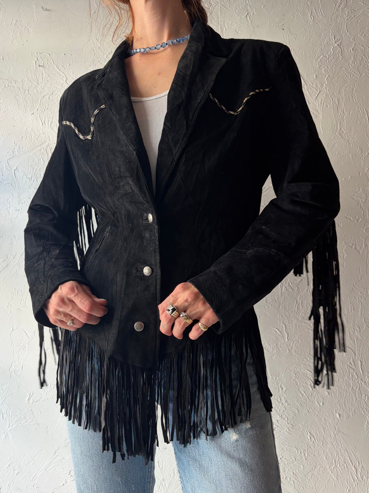 90s 'Pioneer Wear' Black Suede Leather Fringe Jacket / Medium
