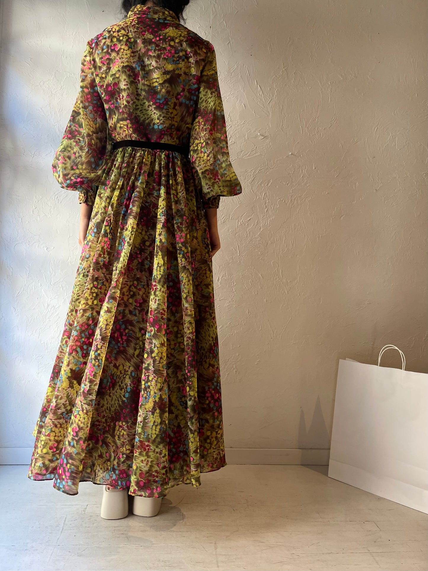 70s 'Futura Couture' Green Long Sleeve Maxi Dress / Small